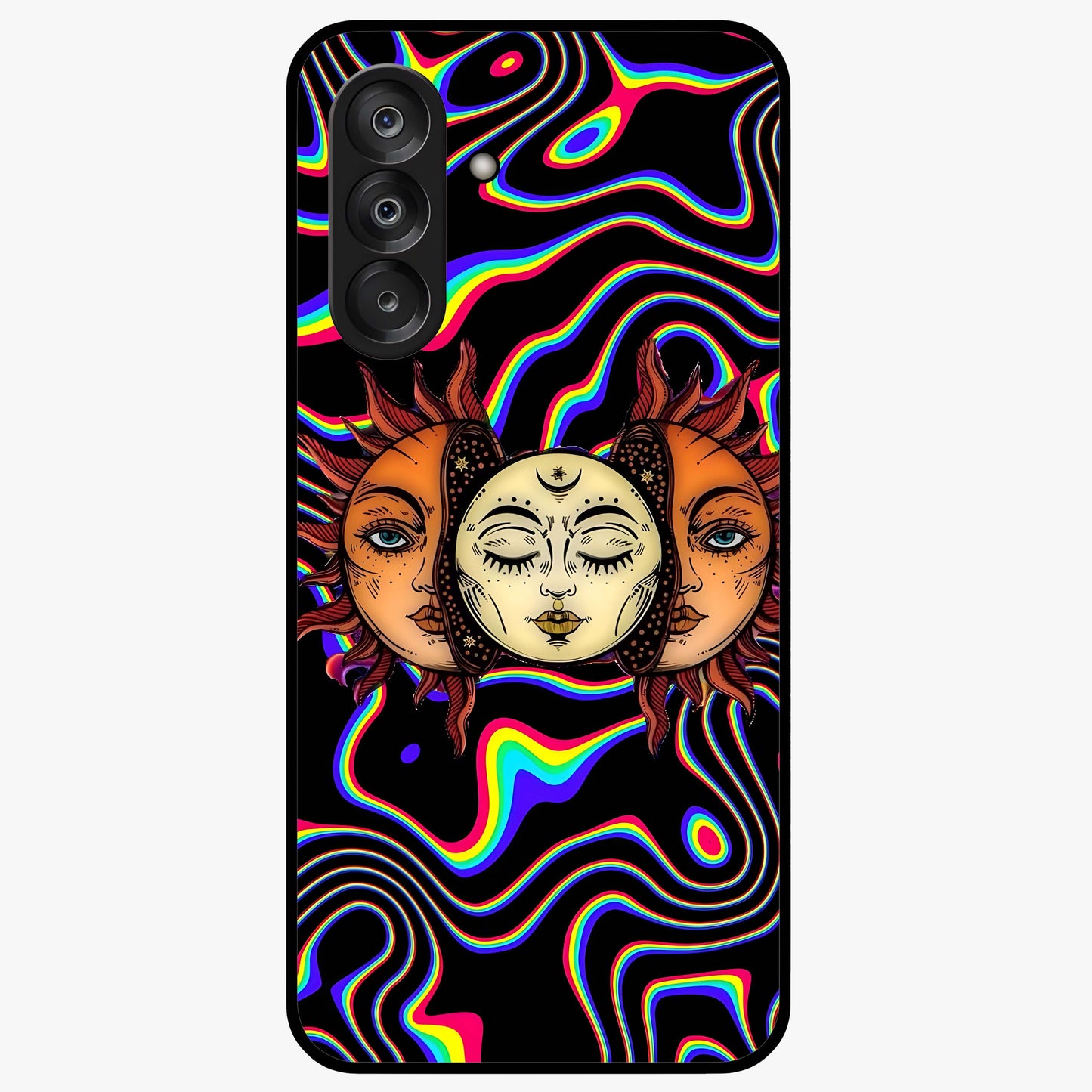 Psychedelic Sun Glass Case showing flat back view with colorful psychedelic sun artwork and glossy glass finish.