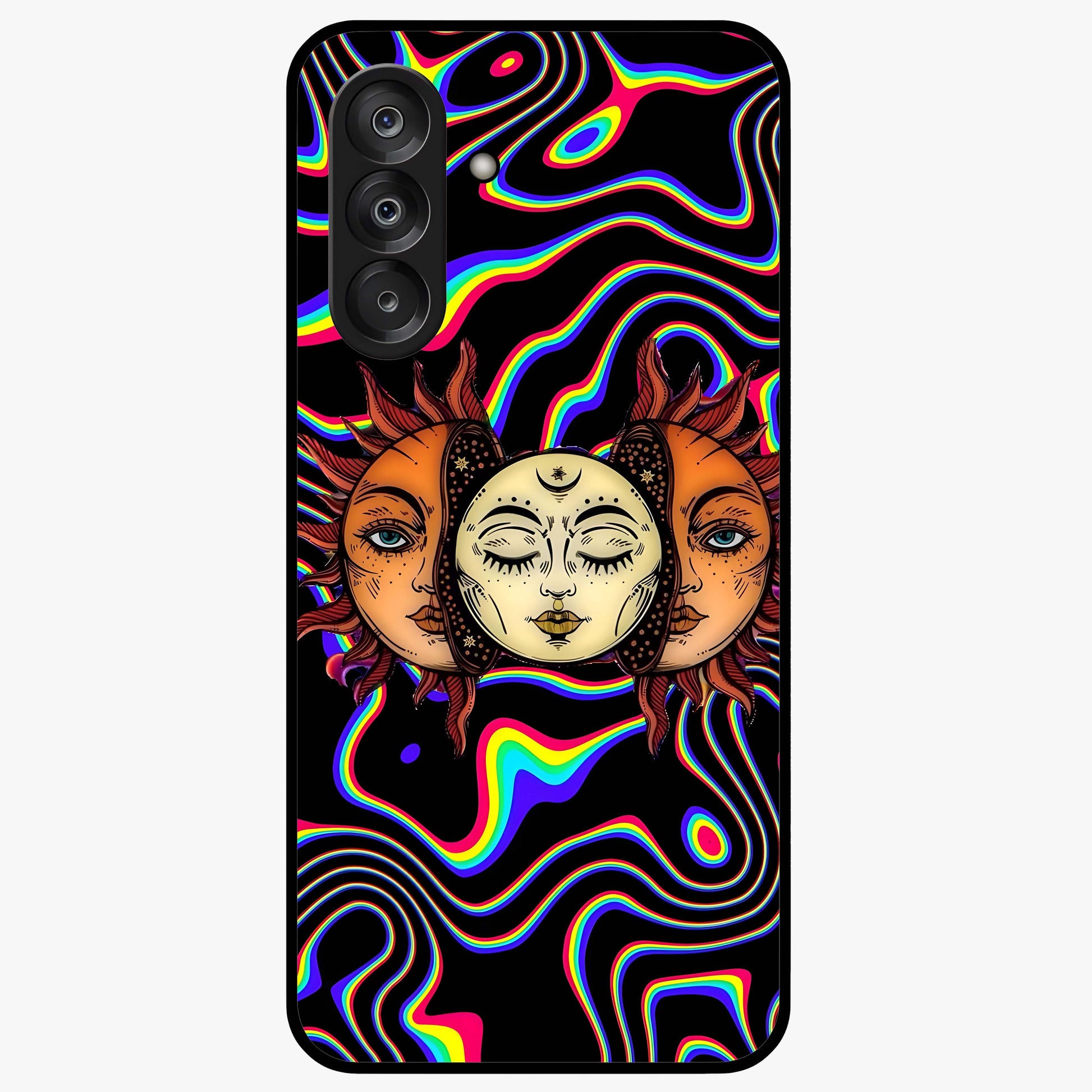 Psychedelic Sun Glass Case showing flat back view with colorful psychedelic sun artwork and glossy glass finish.