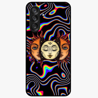 Psychedelic Sun Glass Case showing flat back view with colorful psychedelic sun artwork and glossy glass finish.