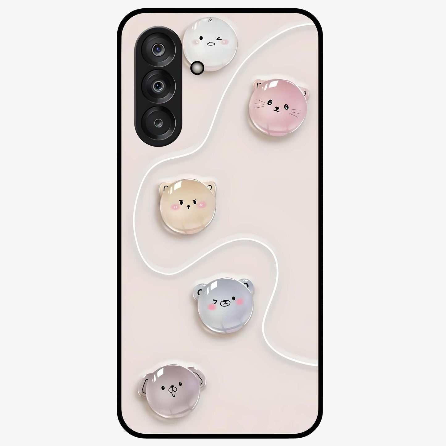 Puffy Face Parade Glass Case showing flat back view with cute puffy character faces artwork and glossy glass finish.