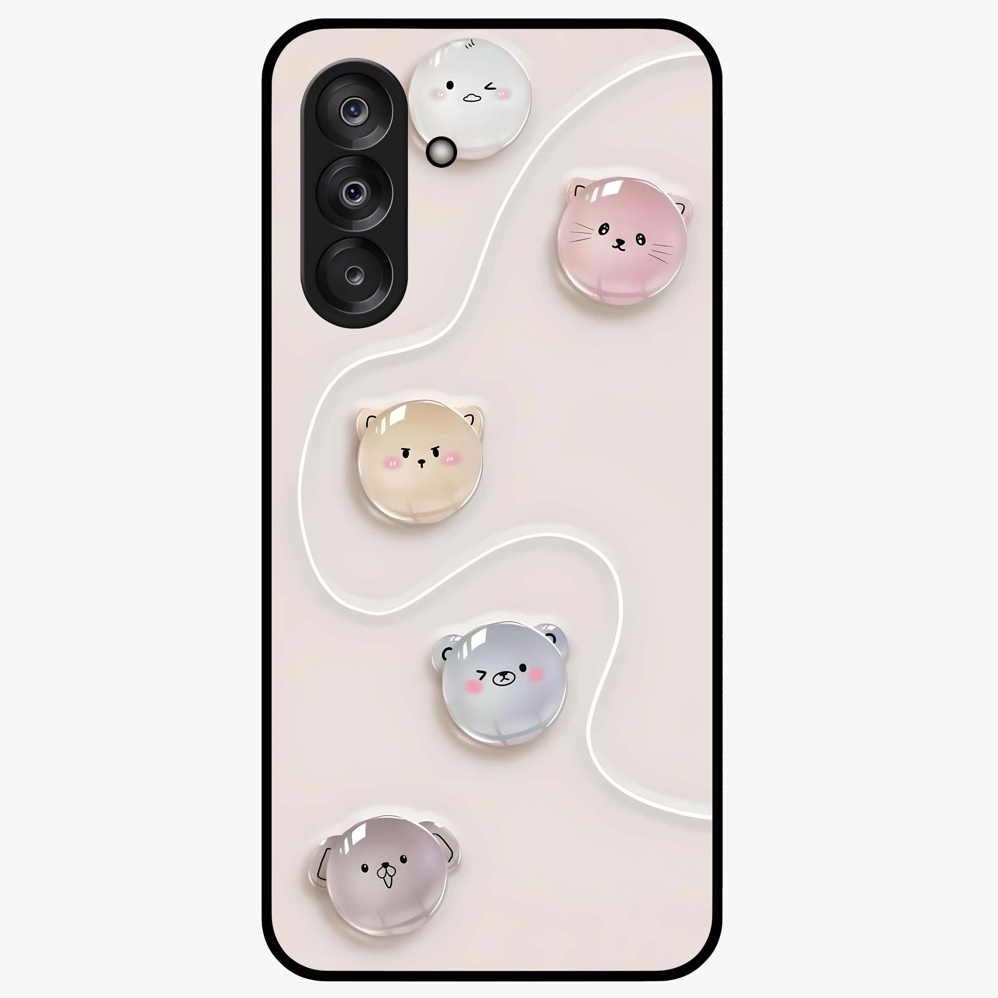 Puffy Face Parade Glass Case showing flat back view with cute puffy character faces artwork and glossy glass finish.