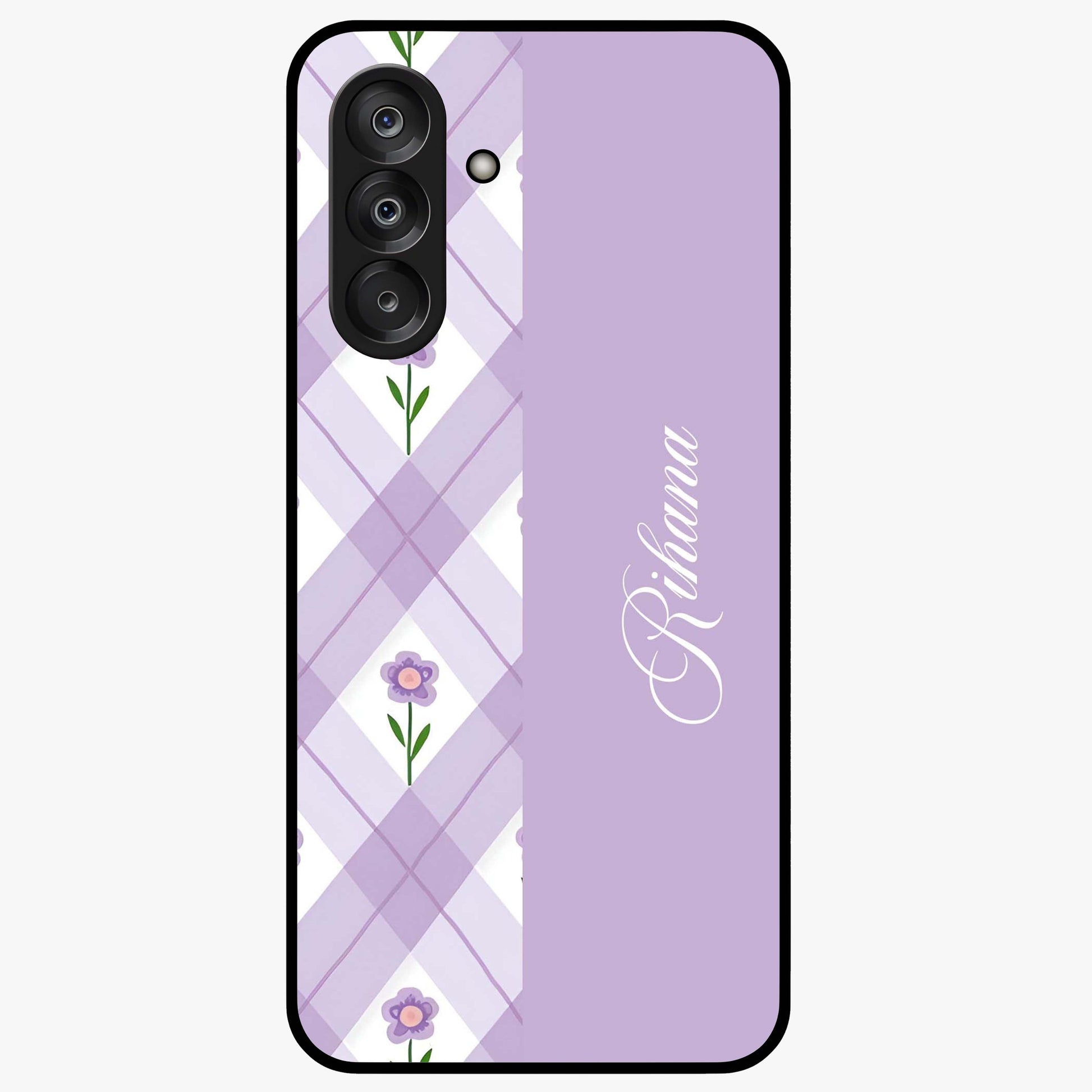 Purple Diamond Floral Glass Case showing flat back view with diamond shaped floral artwork and glossy glass finish.