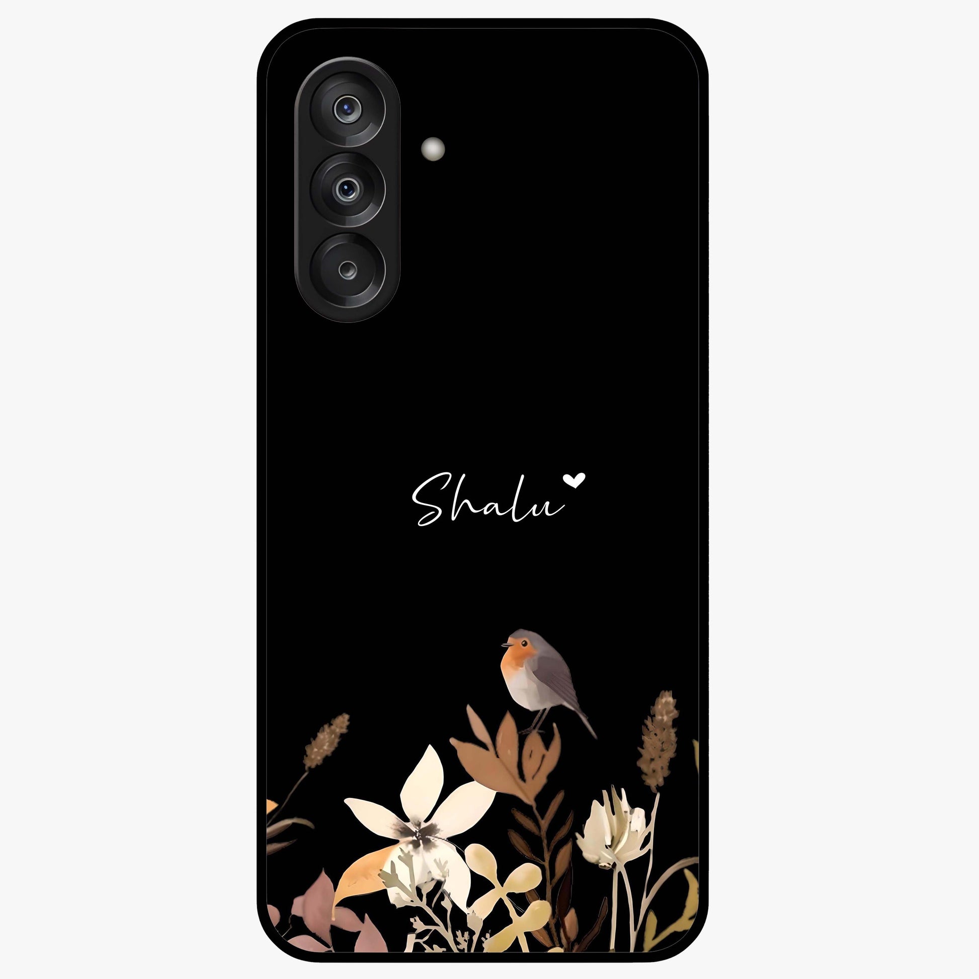Quiet Garden Tune Custom Name Glass Case showing flat back view with peaceful garden artwork and personalized name design.