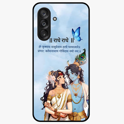 Radha Krishna Eternal Glass Case showing flat back view with Radha Krishna devotional artwork and glossy glass finish.