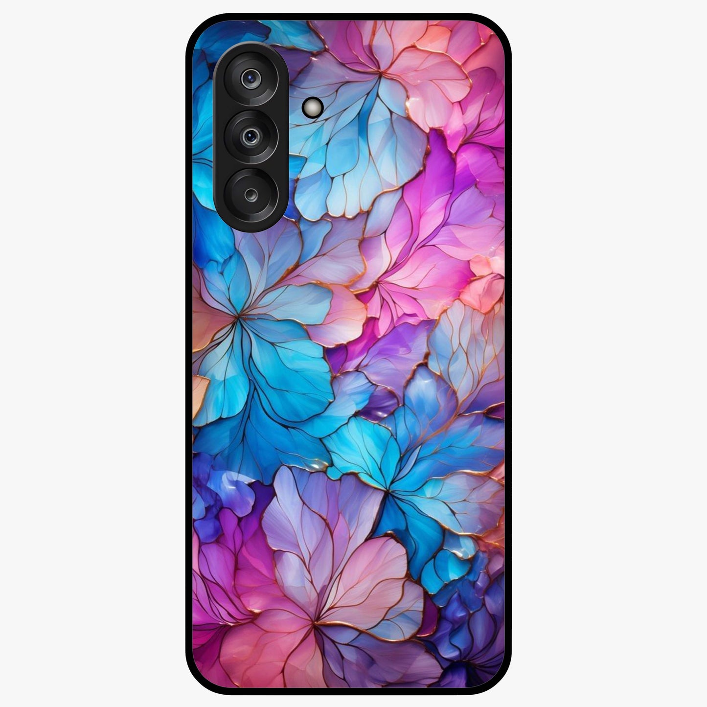 Radiant Floral Whirl Glass Case showing flat back view with swirling floral artwork and glossy glass finish.