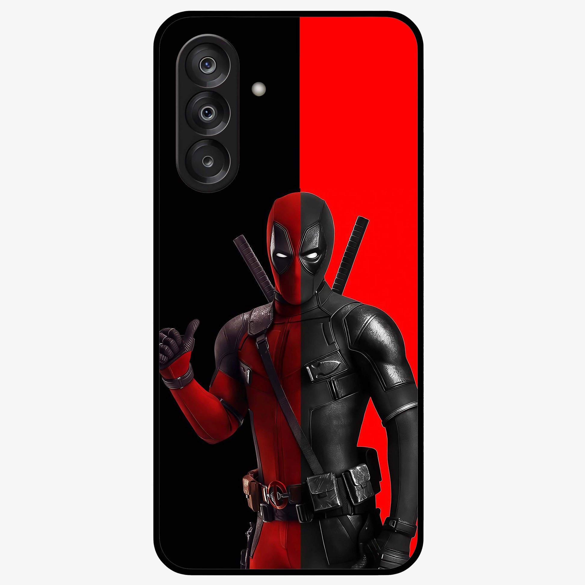 Red & Black Deadpool Theme Glass Case showing flat back view with bold comic inspired artwork and glossy glass finish.