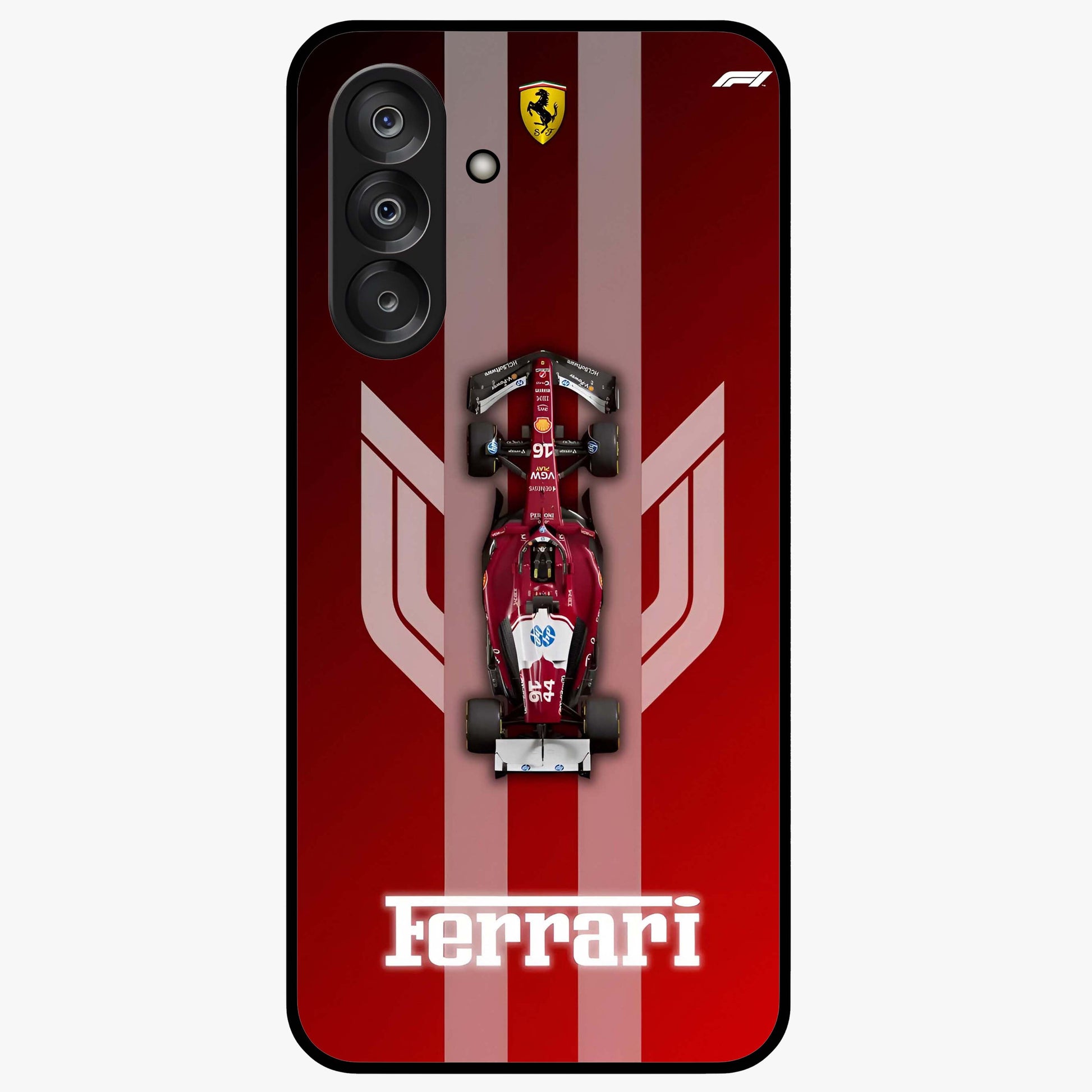 Red Ferrari F1 Vertical Glass Case showing flat back view with sleek Formula racing car artwork and glossy glass finish.