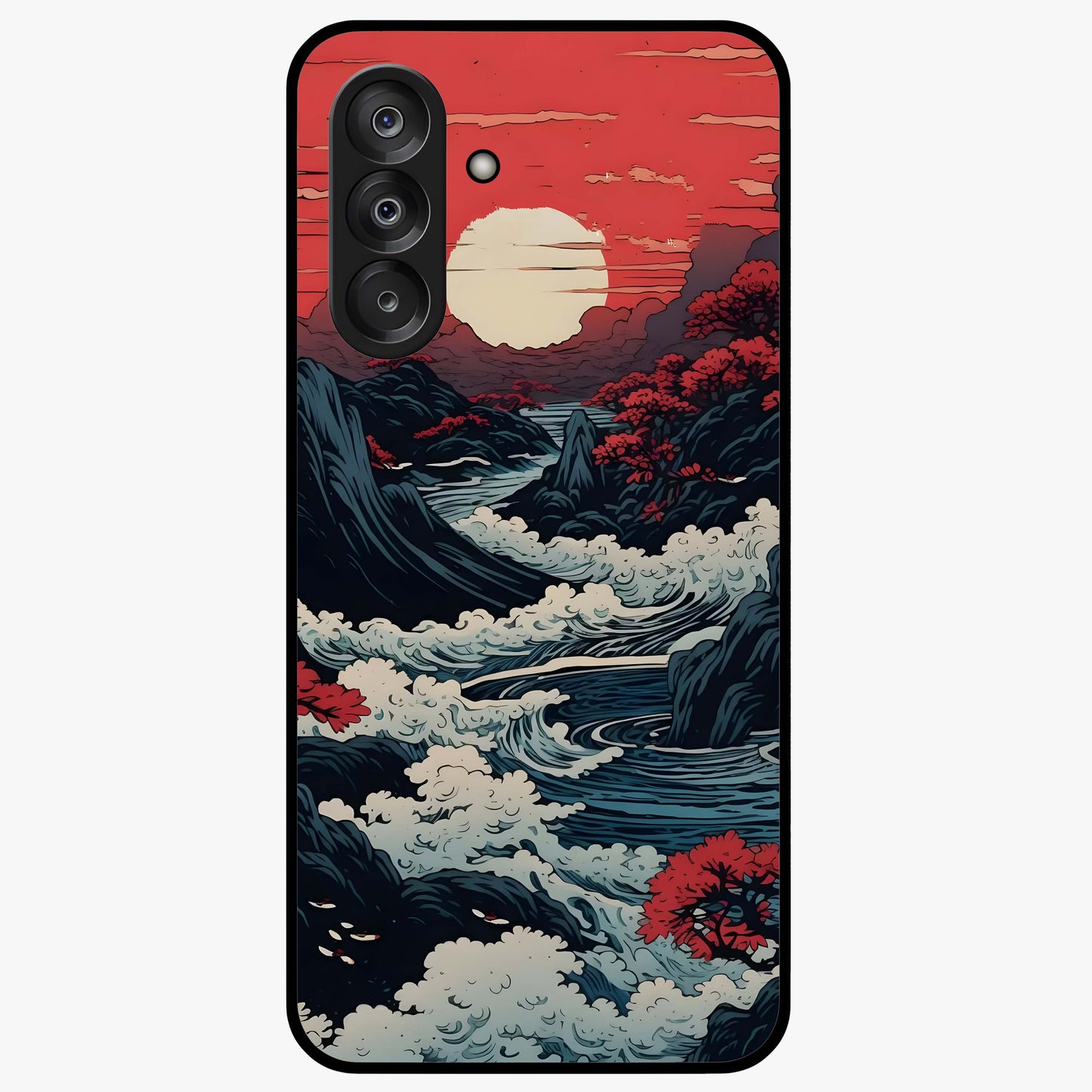 Red Sunset Scenery Glass Case showing flat back view with vibrant sunset landscape artwork and glossy glass finish.