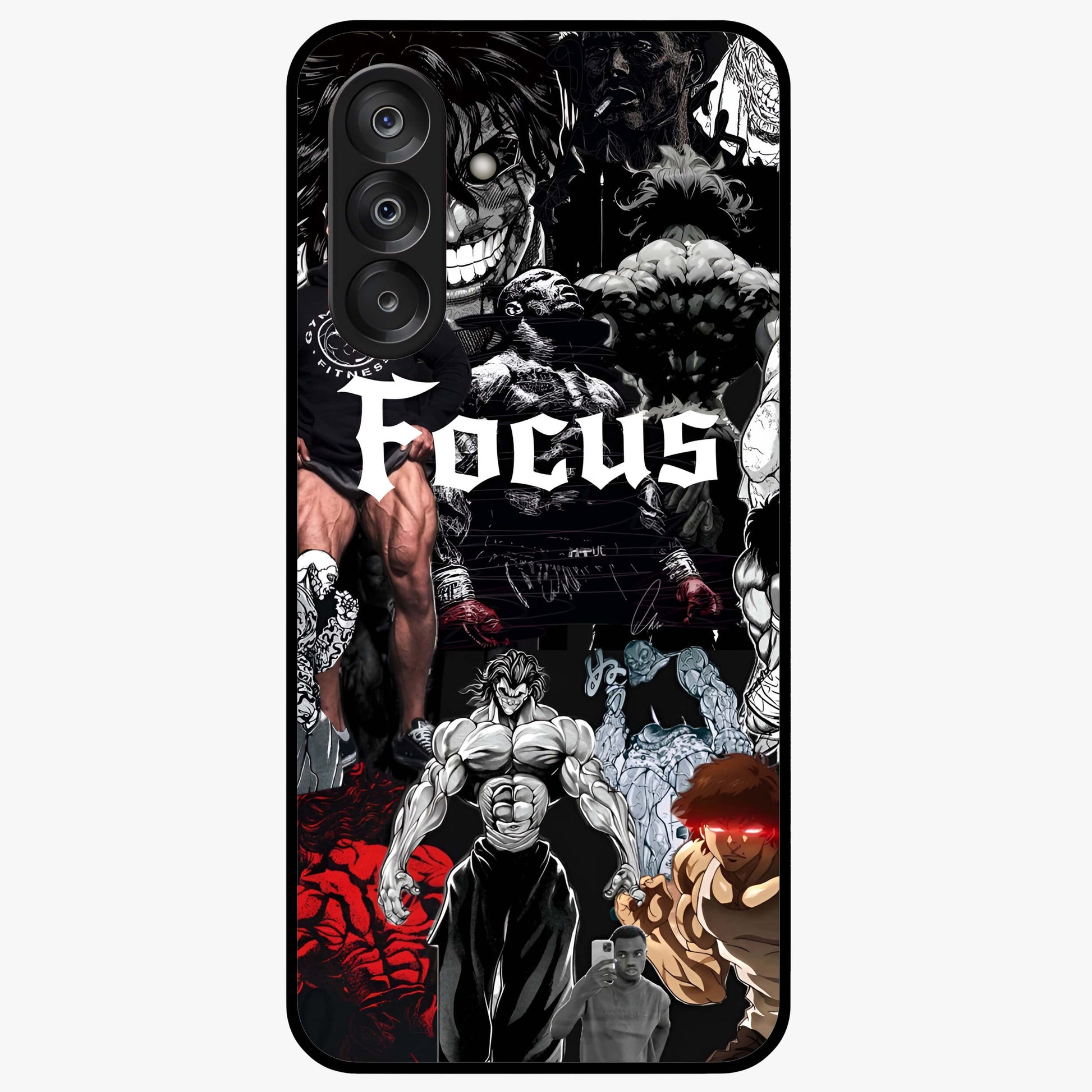 Relentless Power Focus Glass Case showing flat back view with motivational typography artwork and glossy glass finish.