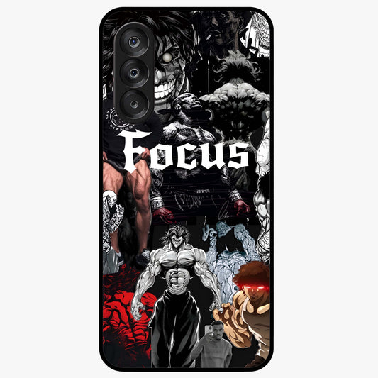 Relentless Power Focus Glass Case showing flat back view with motivational typography artwork and glossy glass finish.
