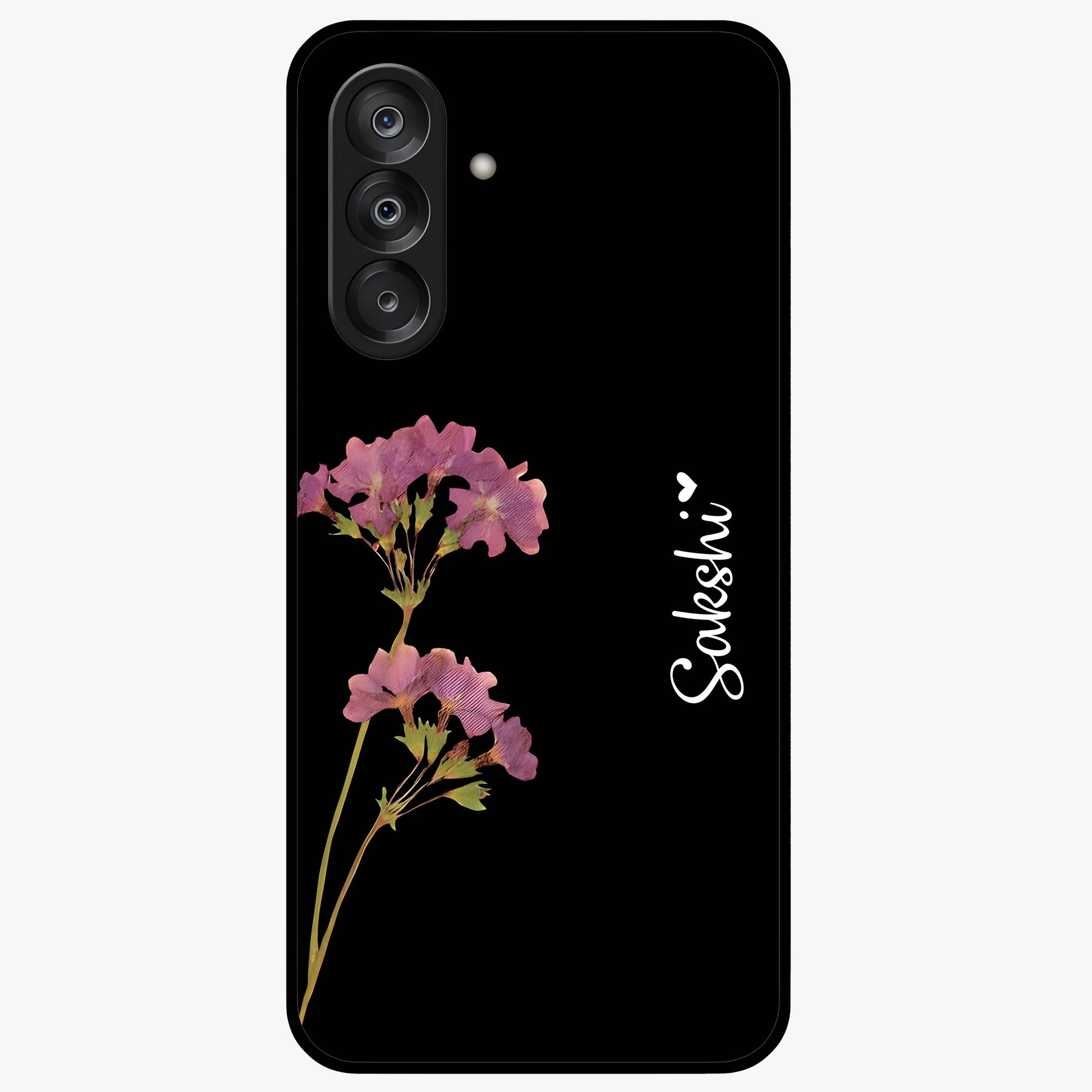 Riching Lavender Flower Custom Name Glass Case showing flat back view with lavender floral artwork and personalized name design.