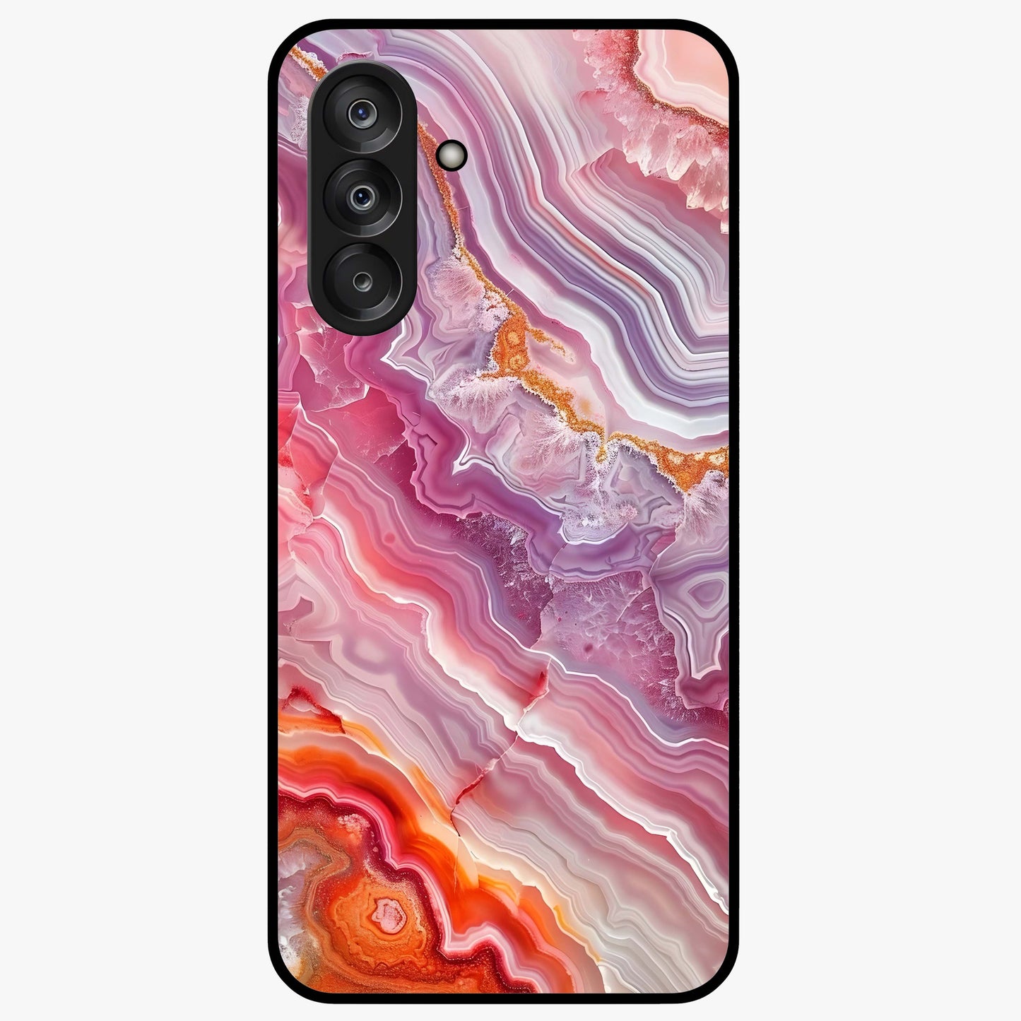 Rose Quartz Marble Glass Case showing flat back view with pink marble quartz texture artwork and glossy glass finish.