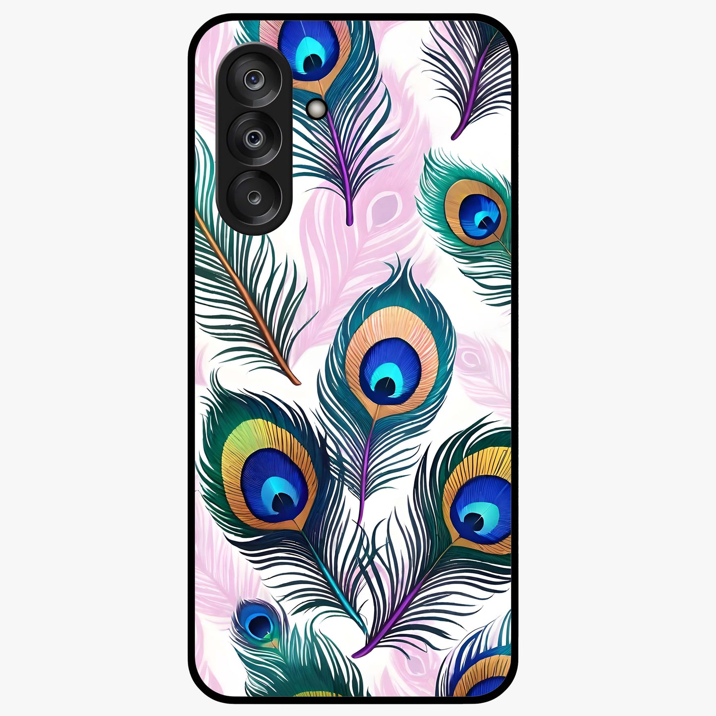 Royal Peacock Feathers Glass Case showing flat back view with colorful peacock feather artwork and glossy glass finish.