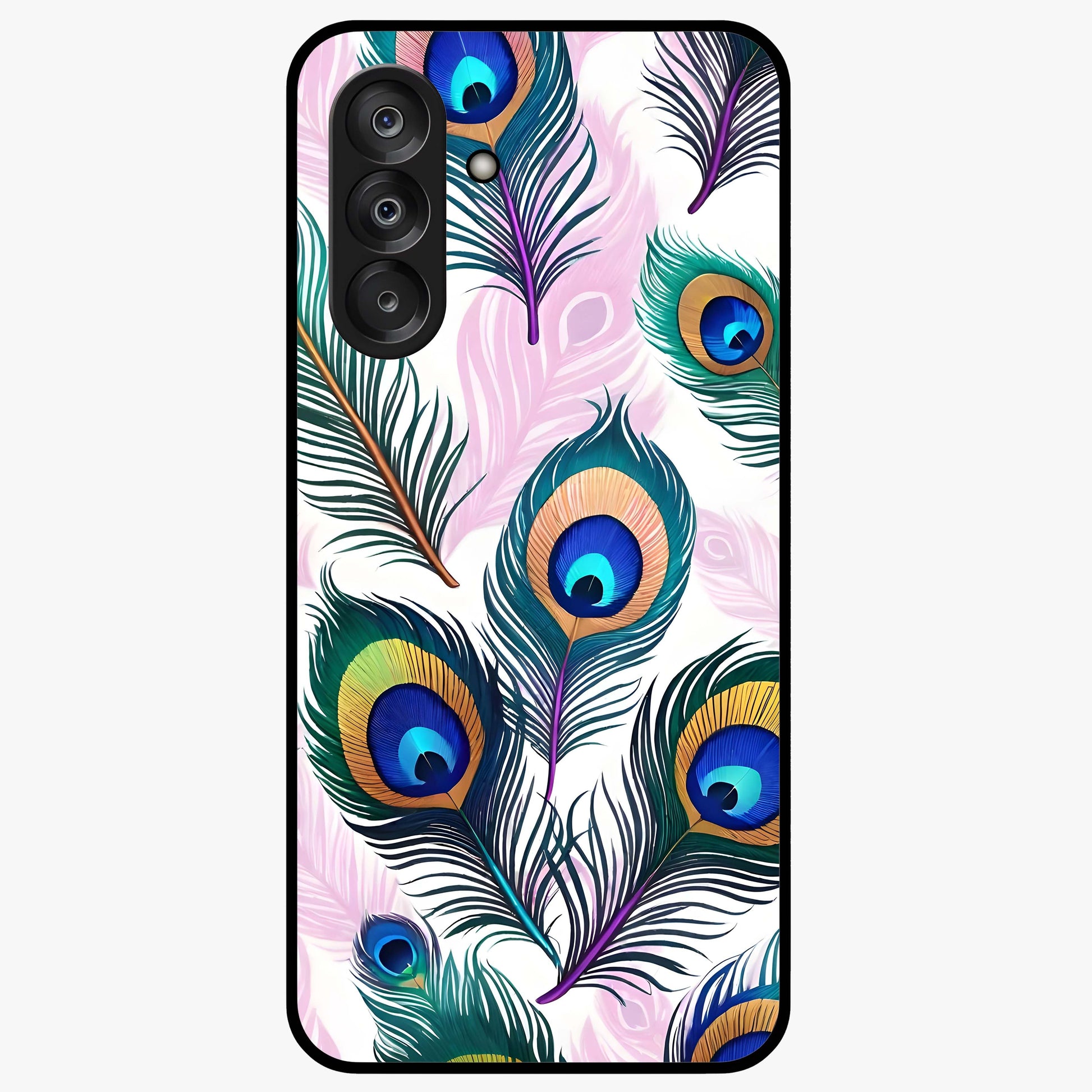 Royal Peacock Feathers Glass Case showing flat back view with colorful peacock feather artwork and glossy glass finish.