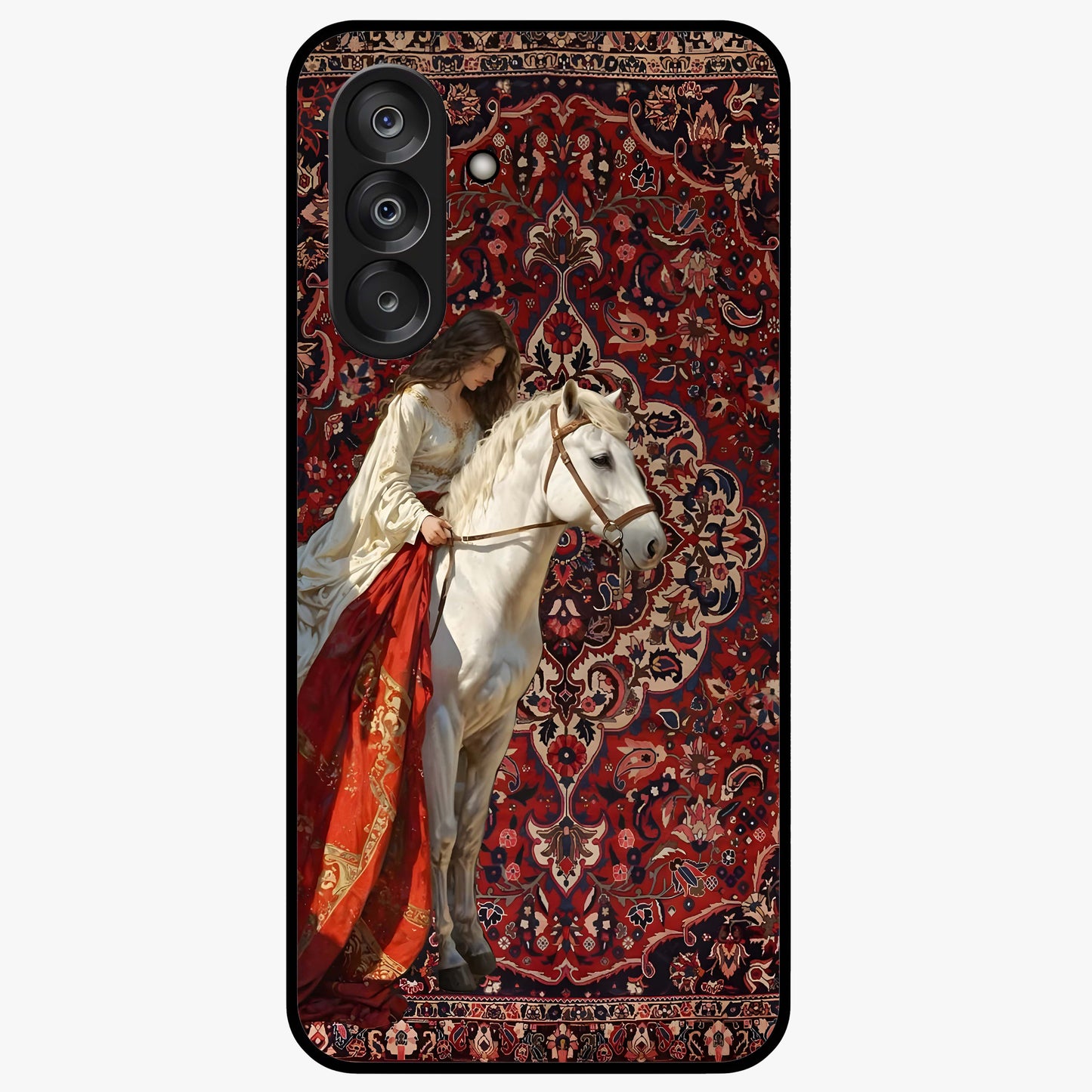 Royal Rider Tapestry Glass Case showing flat back view with majestic horse rider tapestry artwork and glossy glass finish.