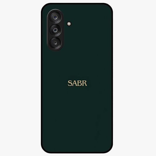 Sabr Minimal Patience Glass Case showing flat back view with minimalist typography artwork and glossy glass finish.