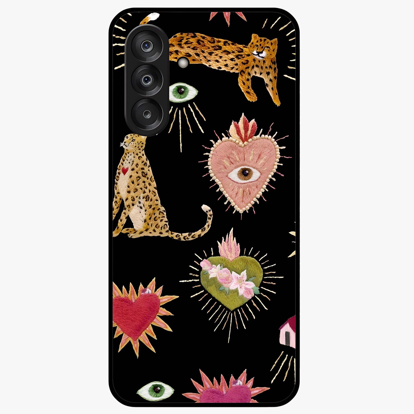 Sacred Jungle Heart Glass Case showing flat back view with jungle inspired heart artwork and glossy glass finish.