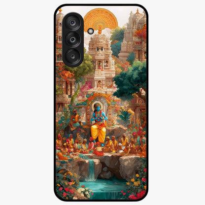 Sacred Sunlight Gods Glass Case showing flat back view with divine sunlight themed artwork and glossy glass finish.