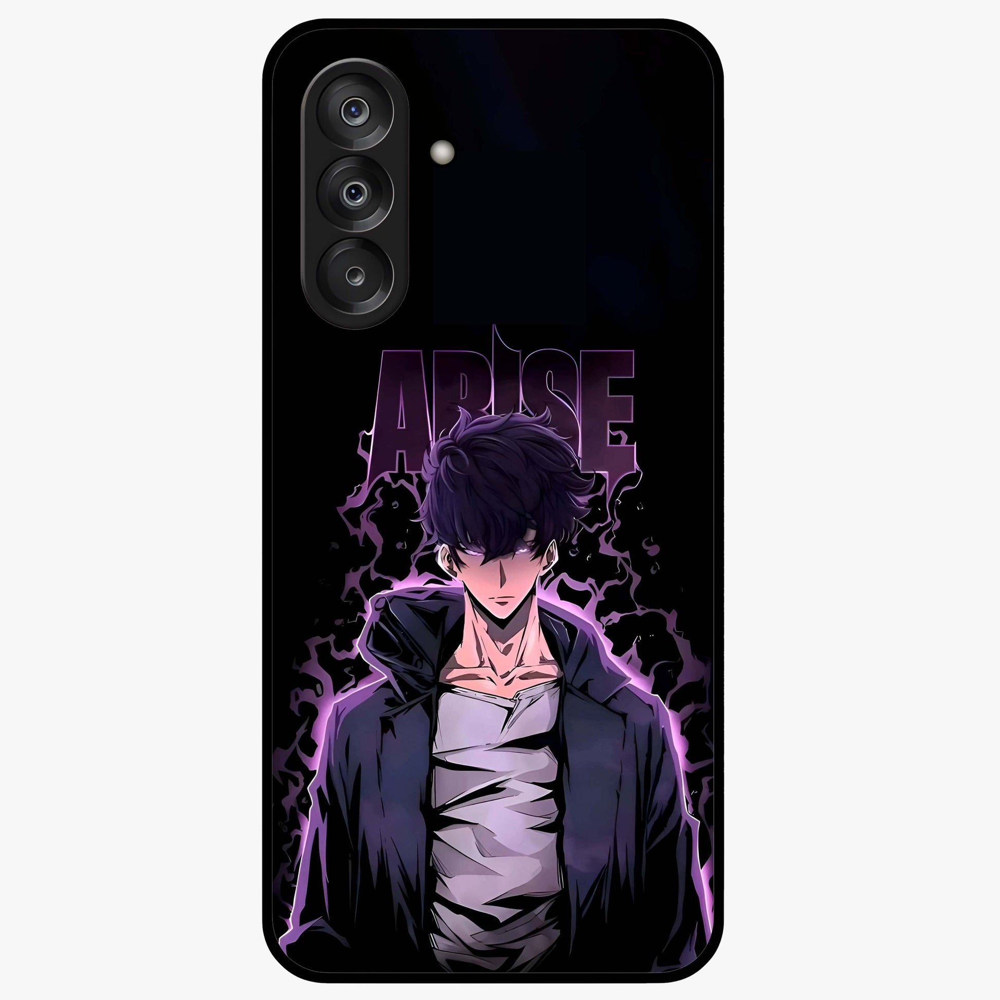 Shadow Monarch Awakening Glass Case showing flat back view with powerful dark monarch themed artwork and glossy glass finish.