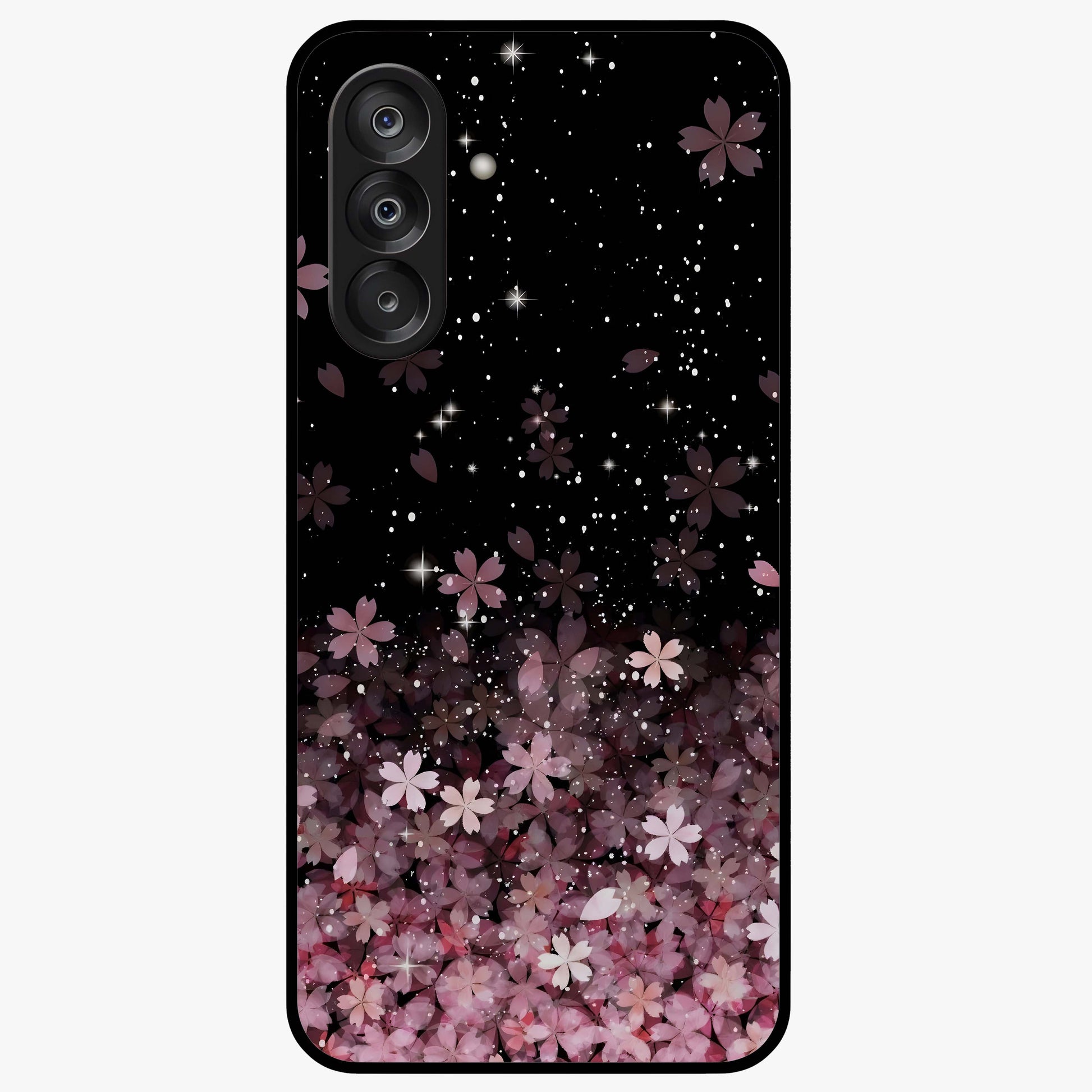 Small Starry Flowers Glass Case showing flat back view with delicate starry floral artwork and glossy glass finish.
