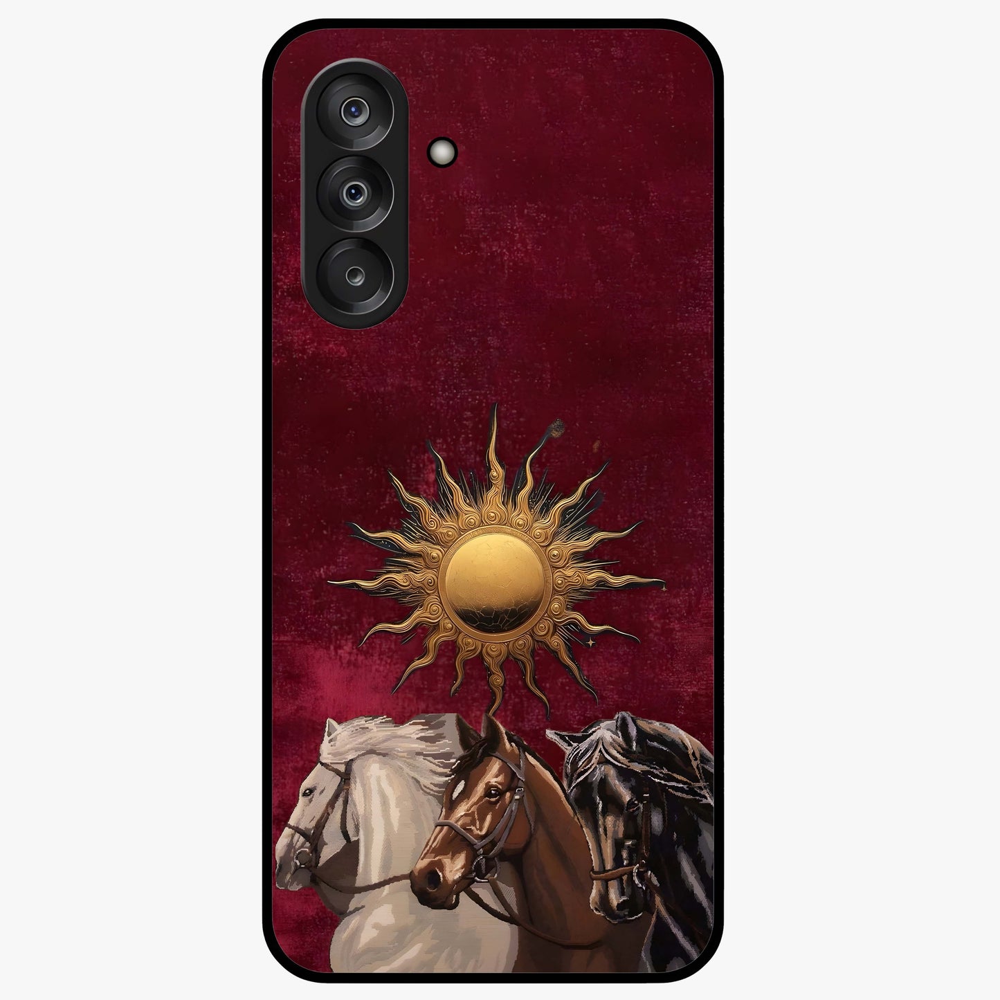 Solar Riders Glass Case showing flat back view with dynamic rider themed artwork and glossy glass finish.