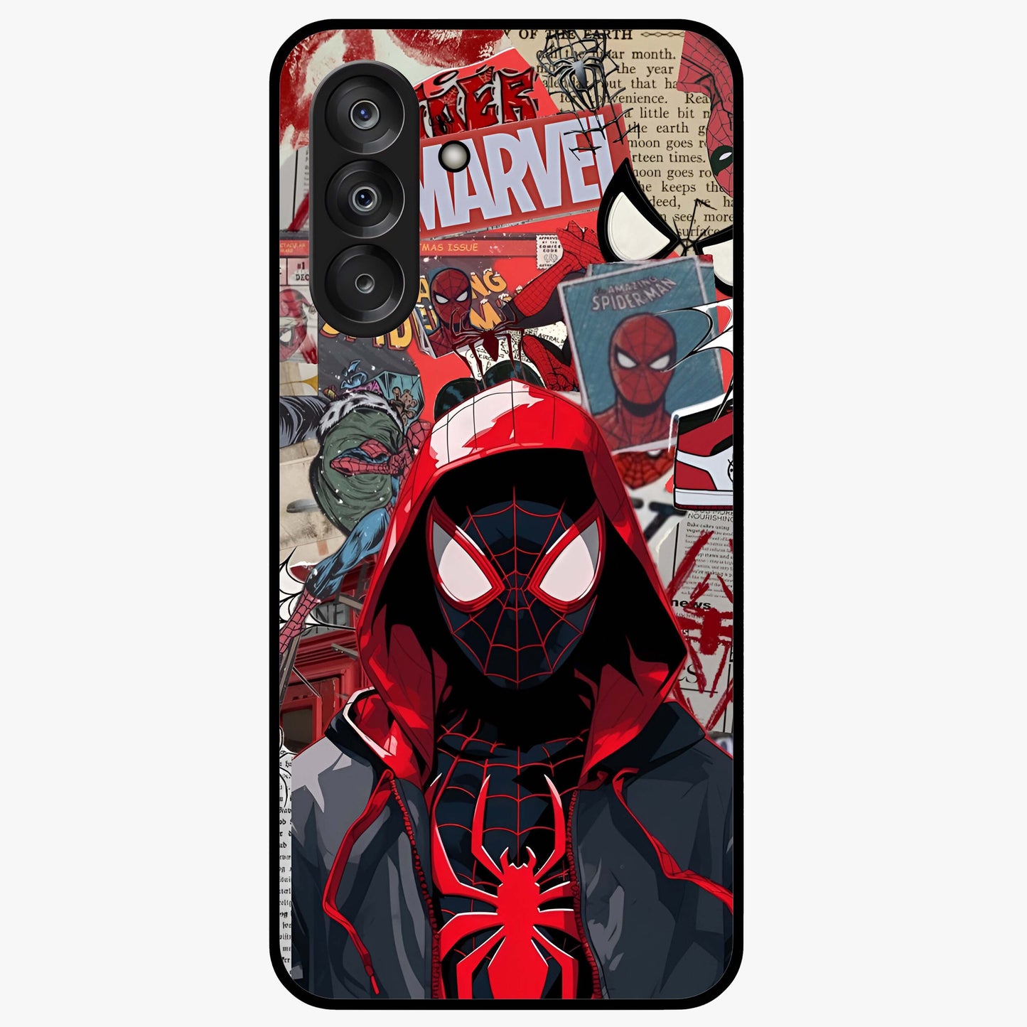 Spider Collage Street Glass Case showing flat back view with vibrant superhero collage artwork and glossy glass finish.