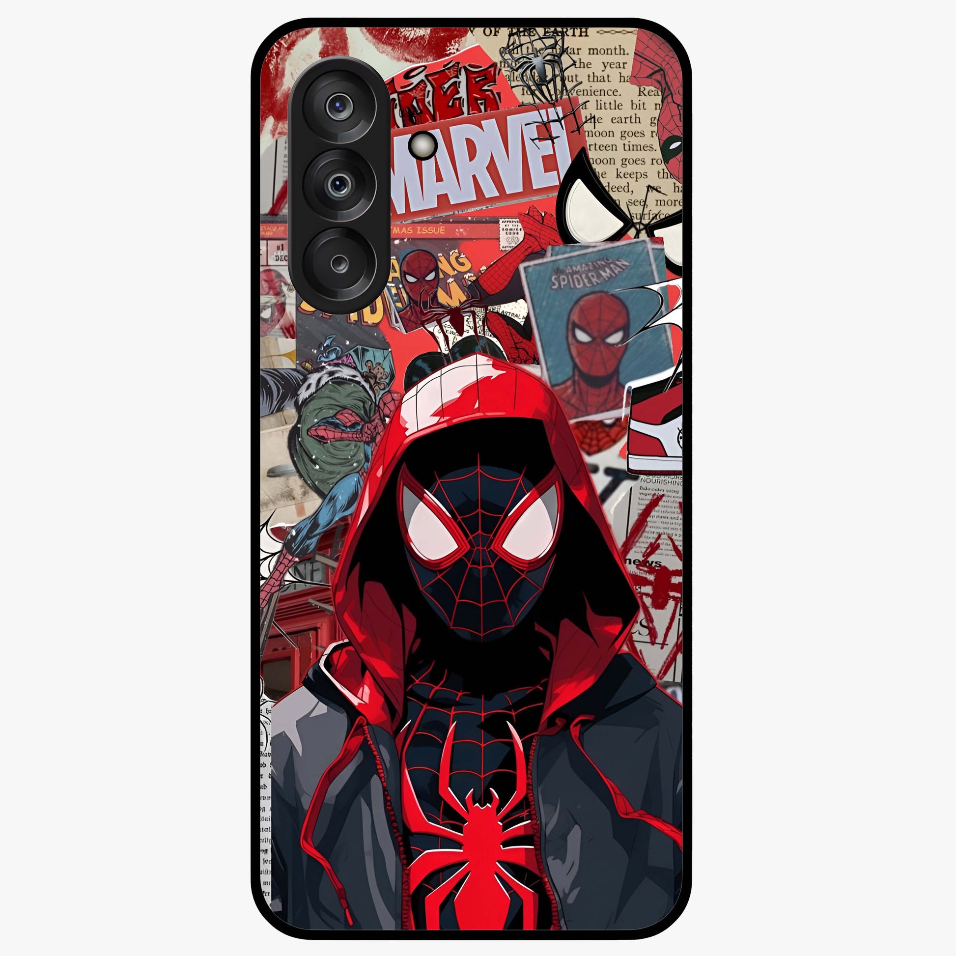 Spider Collage Street Glass Case showing flat back view with vibrant superhero collage artwork and glossy glass finish.
