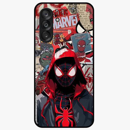 Spider Collage Street Glass Case showing flat back view with vibrant superhero collage artwork and glossy glass finish.
