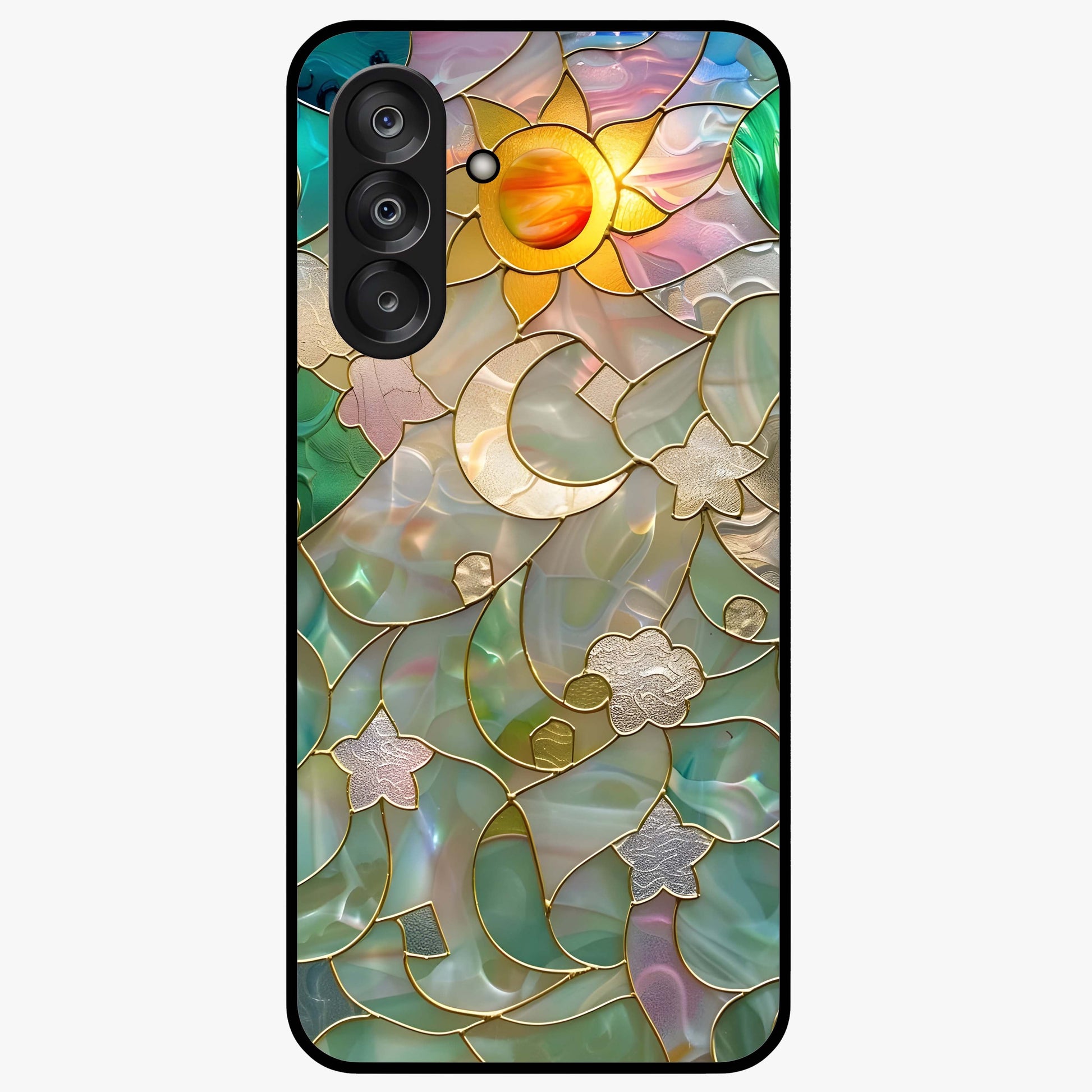 Stained Sunrise Glow Glass Case showing flat back view with glowing sunrise stained pattern artwork and glossy glass finish.