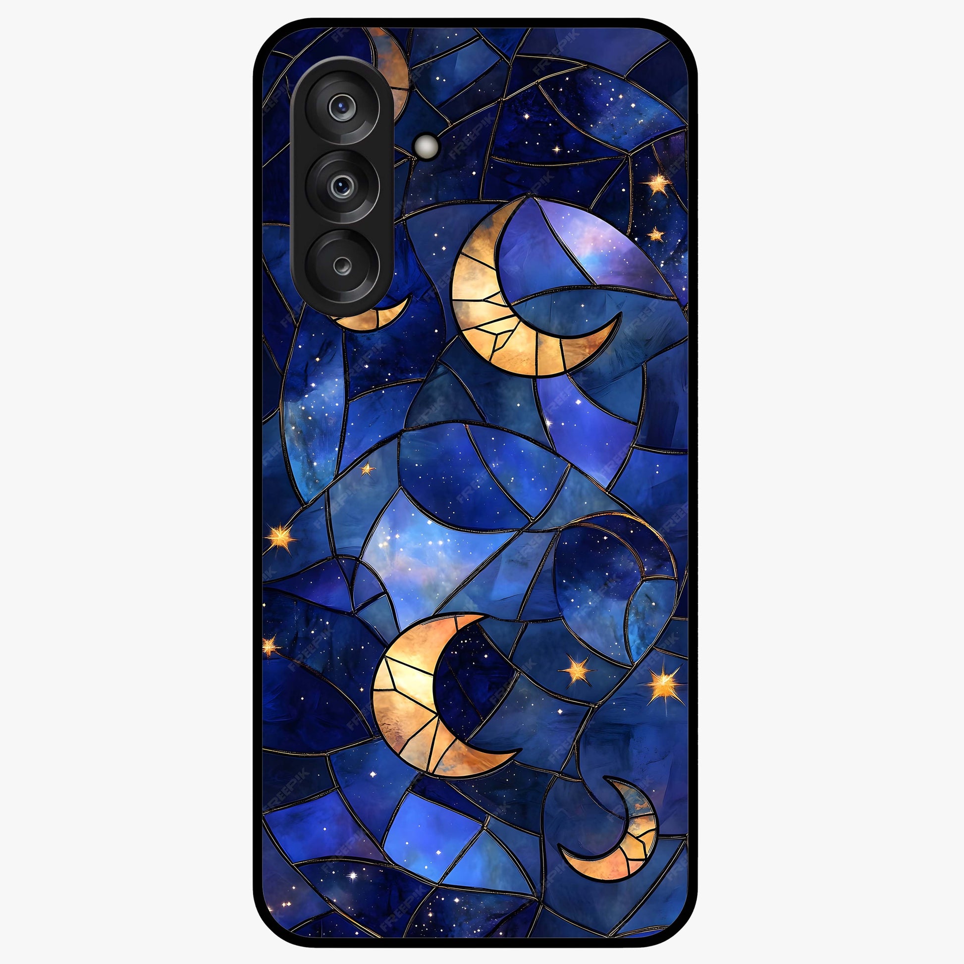 Starlit Sky Tapestry Glass Case showing flat back view with decorative starry sky tapestry artwork and glossy glass finish.