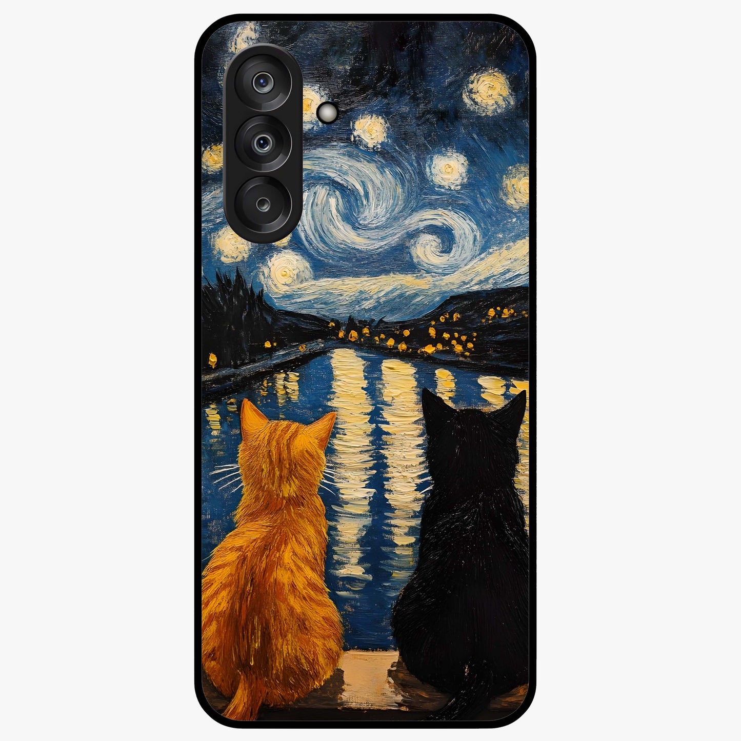 Starry River Cats Glass Case showing flat back view with cats by a starry river artwork and glossy glass finish.