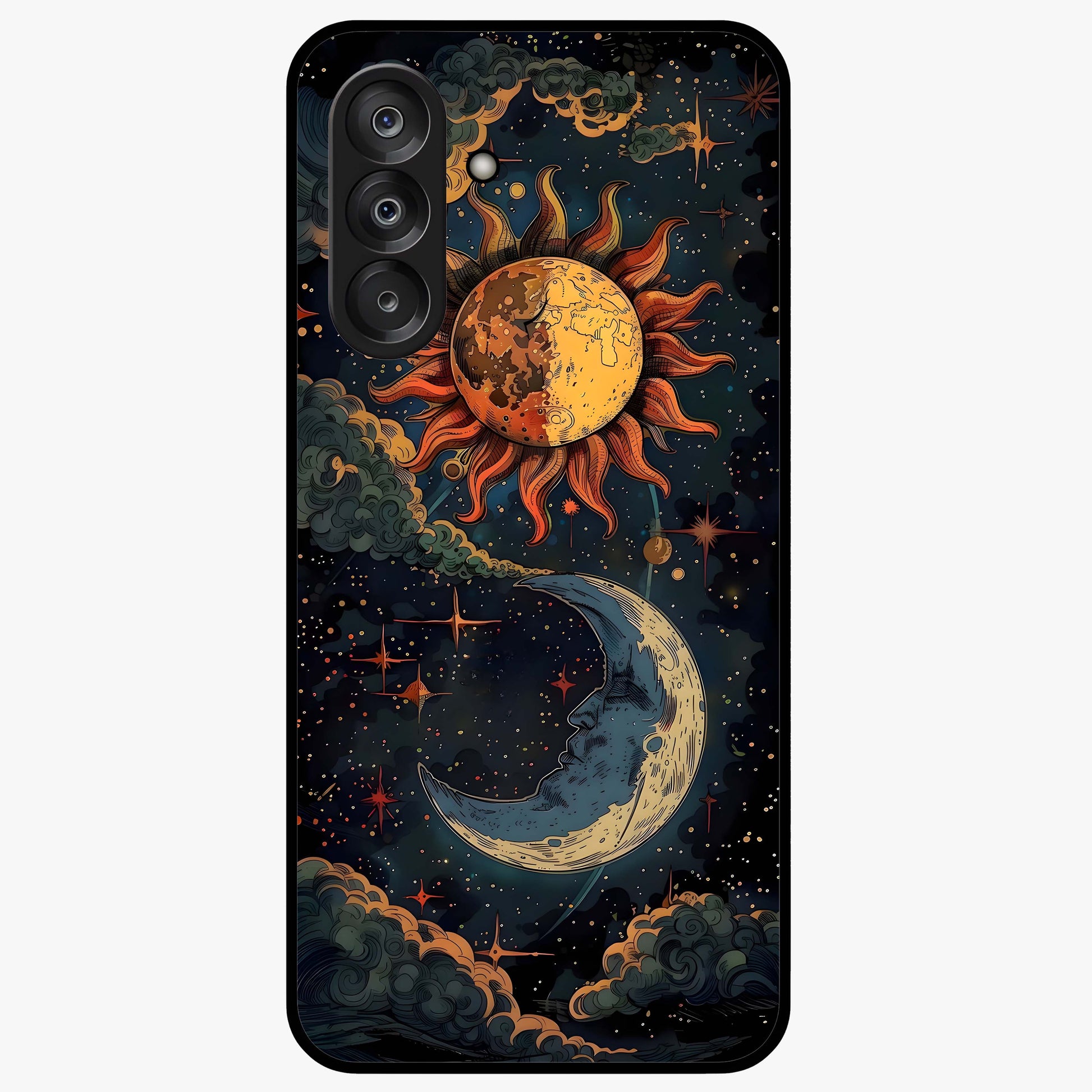 Sun And Moon Magic Design Glass Case showing flat back view with mystical sun and moon artwork and glossy glass finish.