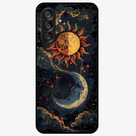 Sun And Moon Magic Design Glass Case showing flat back view with mystical sun and moon artwork and glossy glass finish.