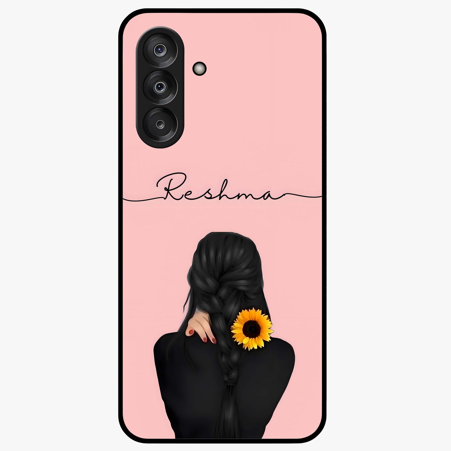 Sunflower Braid Beauty With Custom Name Glass Case showing flat back view with sunflower braid artwork and personalized name design.