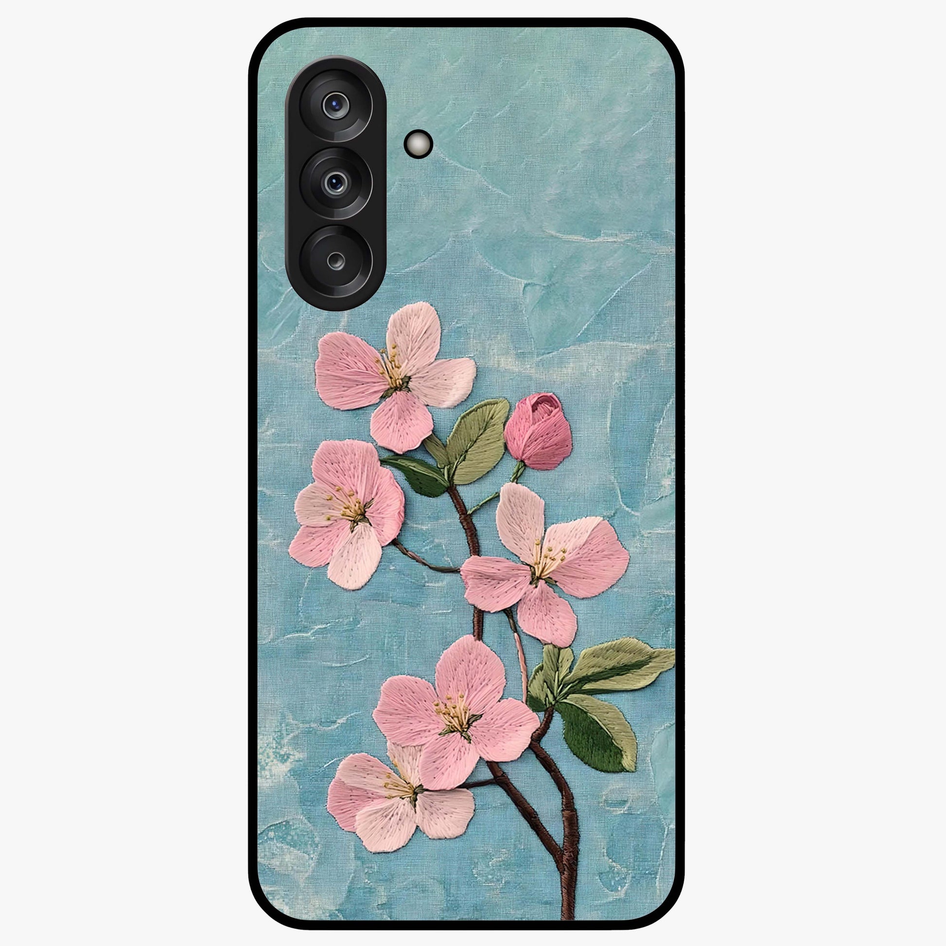Threaded Blossom Breeze Glass Case showing flat back view with delicate blossom artwork and glossy glass finish.