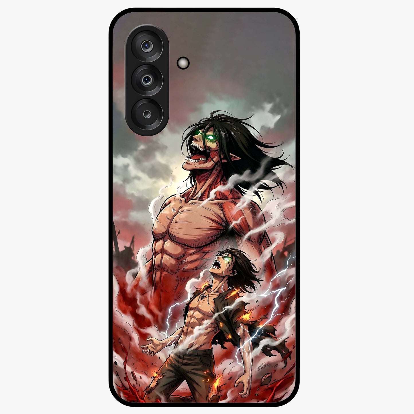 Titan Awakening Fury Glass Case showing flat back view with powerful titan inspired artwork and glossy glass finish.