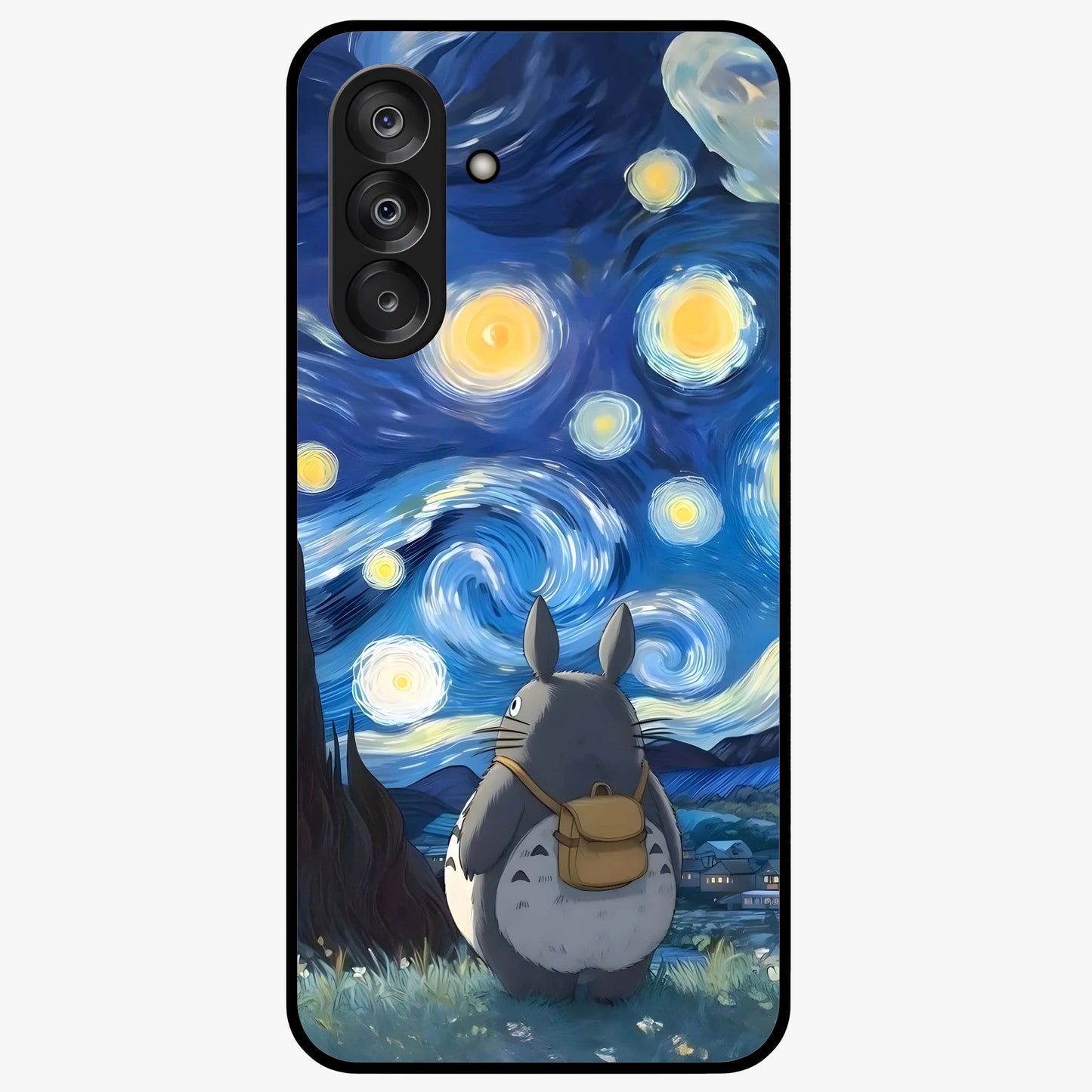 Totoro In Van Gogh Art Glass Case showing flat back view with whimsical character artwork inspired by Van Gogh style and glossy glass finish.