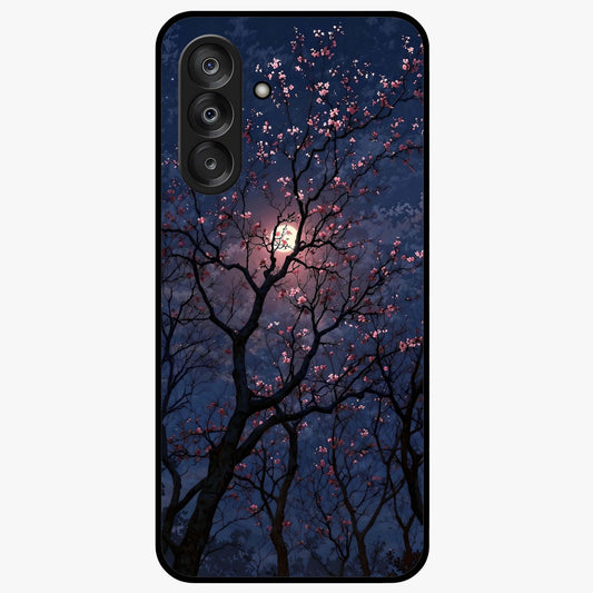 Twilight Sakura Serenade Glass Case showing flat back view with cherry blossom artwork at twilight and glossy glass finish.
