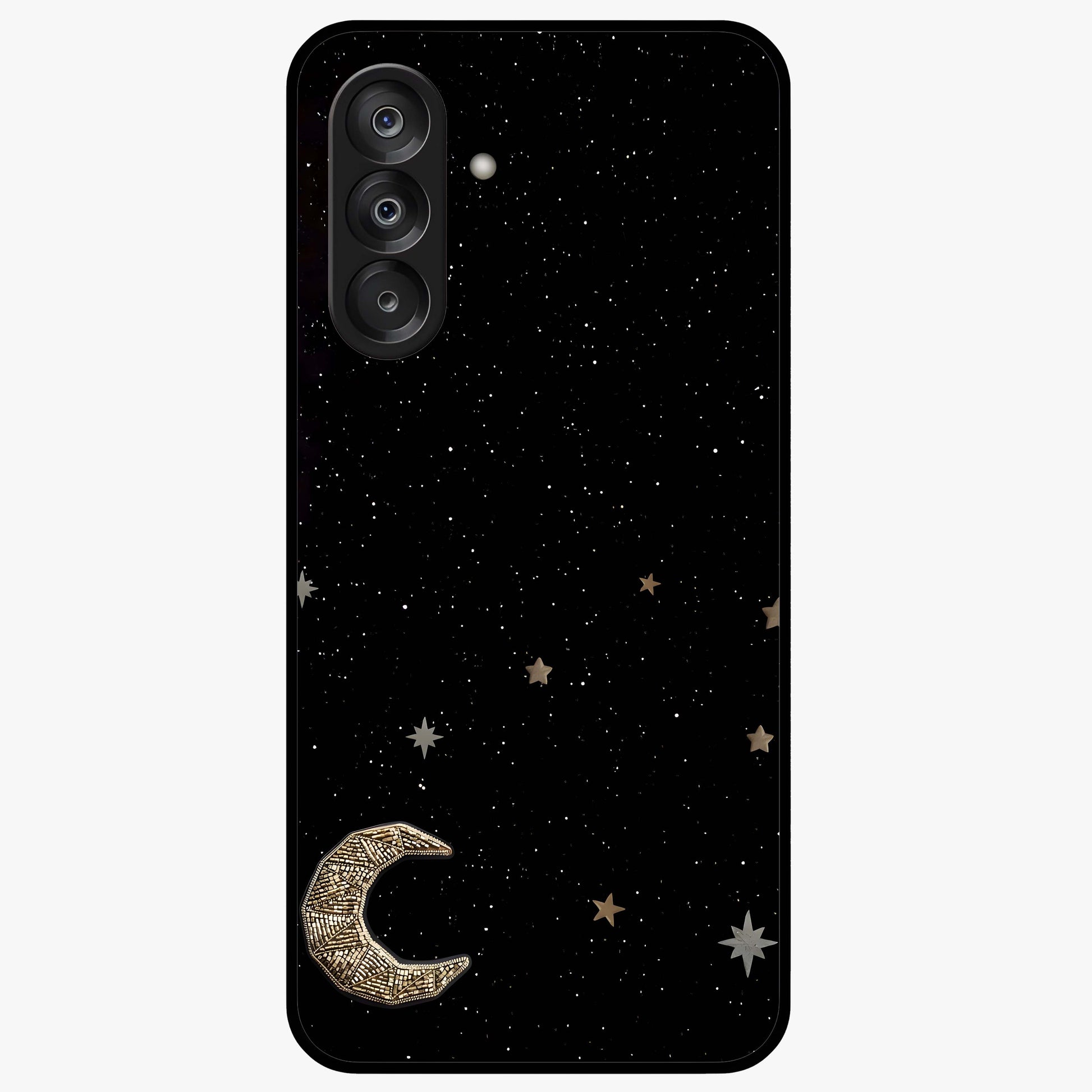 Twinkle Star With Half Moon Glass Case showing flat back view with star and half moon artwork and glossy glass finish.