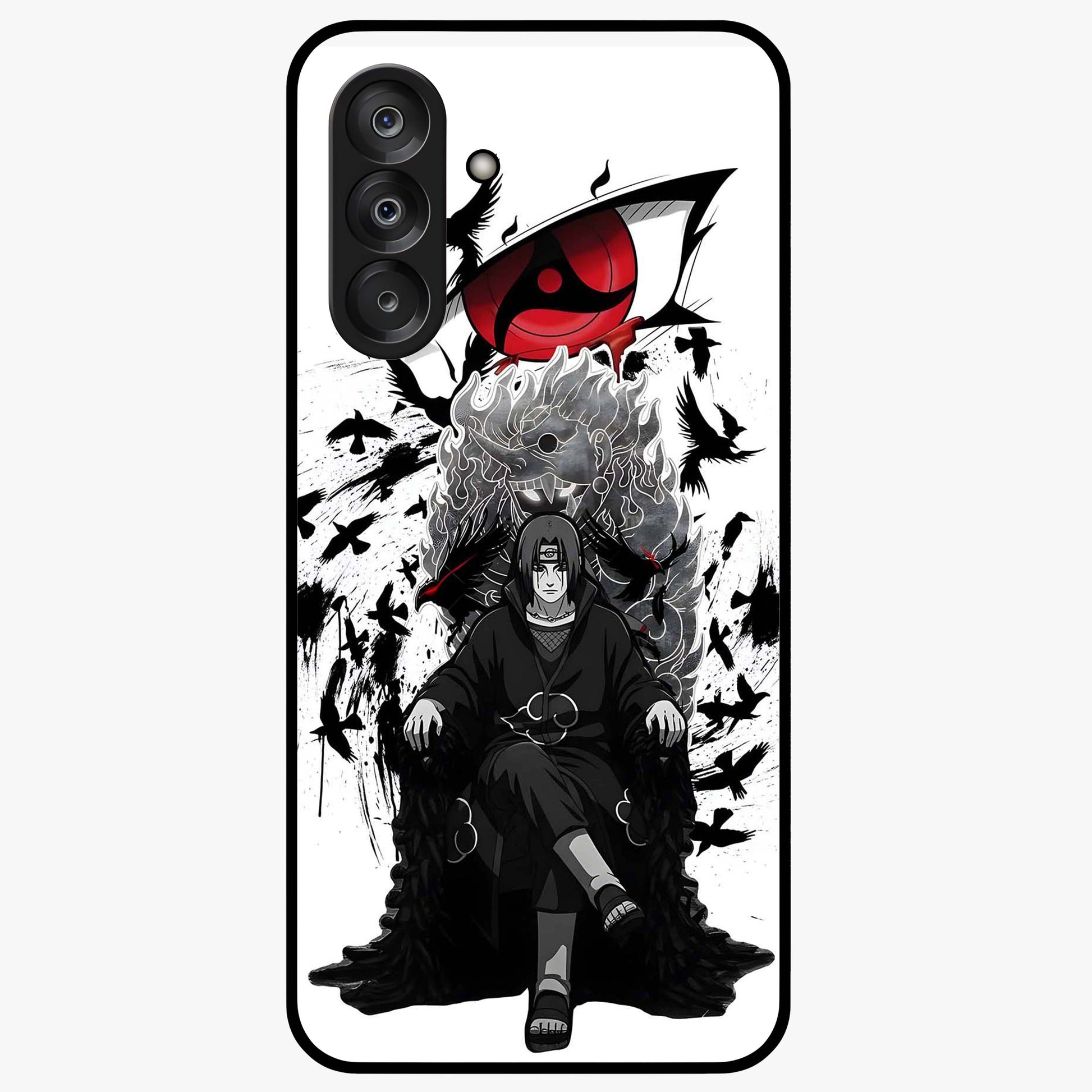 Uchiha Shadow Throne Glass Case showing flat back view with cosmic underwater themed artwork and glossy glass finish.