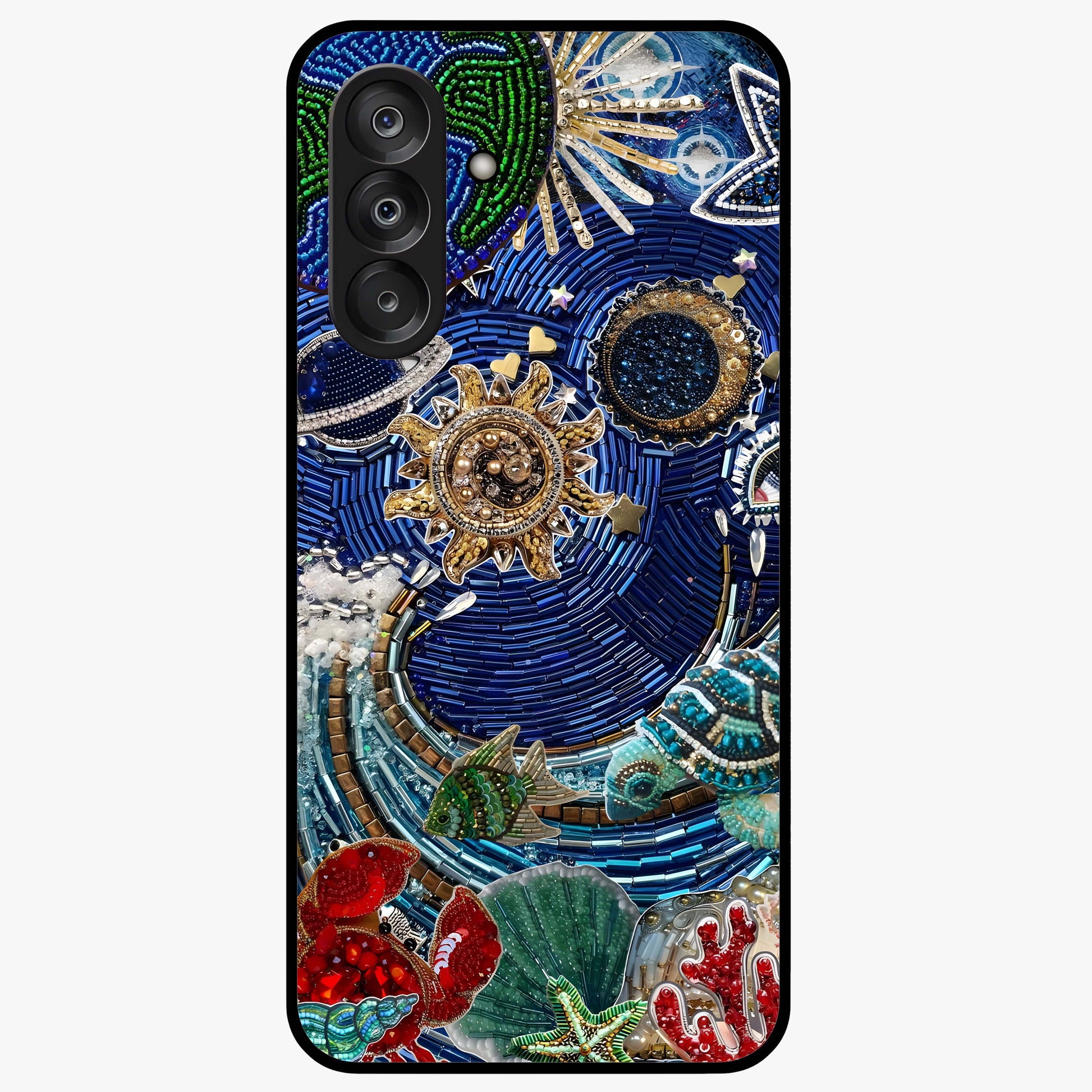 Universe Underwater Spark Glass Case showing flat back view with cosmic underwater themed artwork and glossy glass finish.