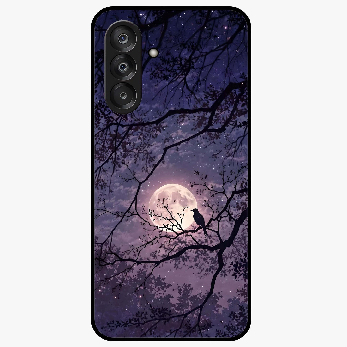 Whispering Moon Silence Glass Case showing flat back view with serene moon themed artwork and glossy glass finish.