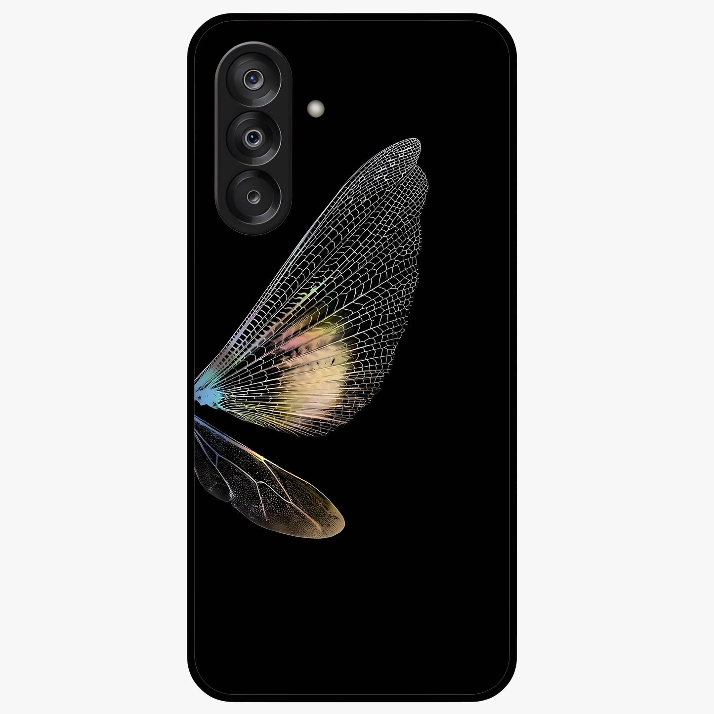 Whispers Of Wings Glass Case showing flat back view with graceful wing inspired artwork and glossy glass finish.