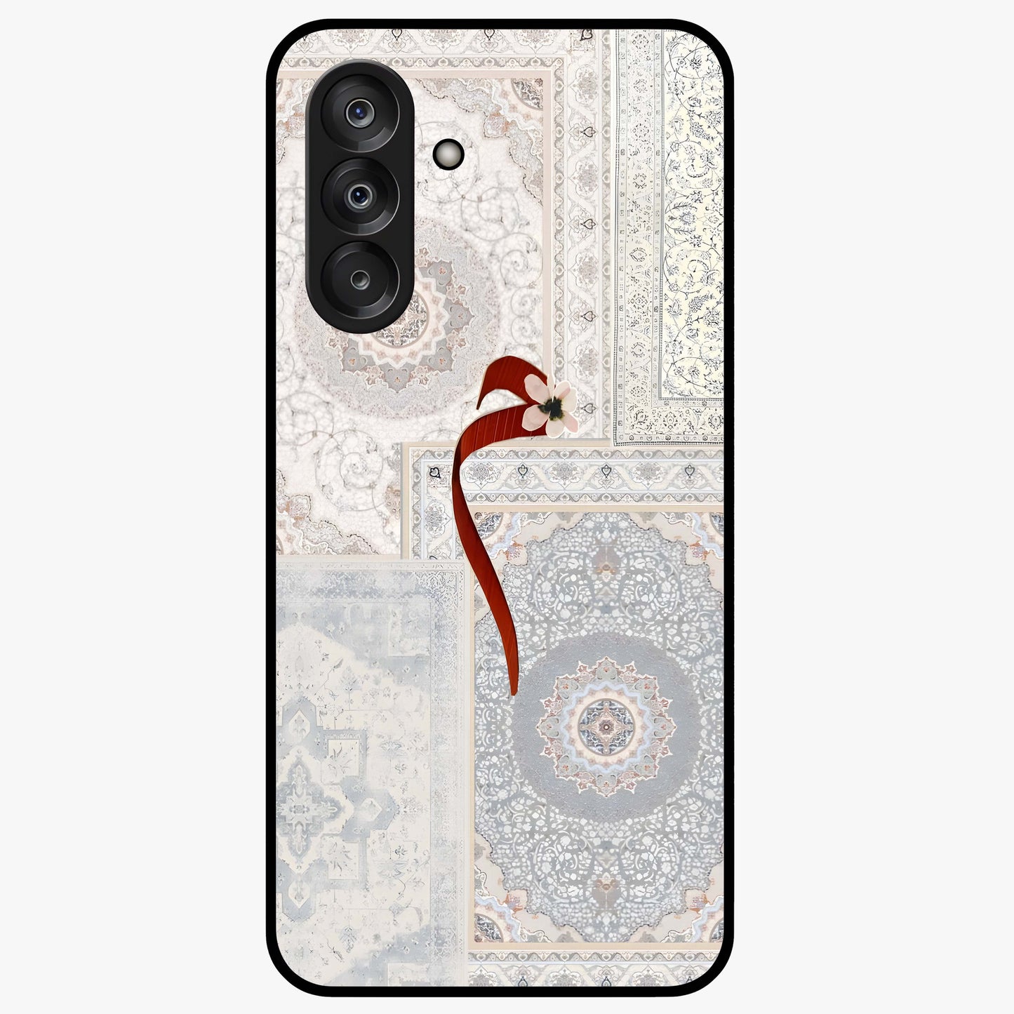 White Aesthetic Bow Glass Case showing flat back view with minimal bow artwork and glossy glass finish.