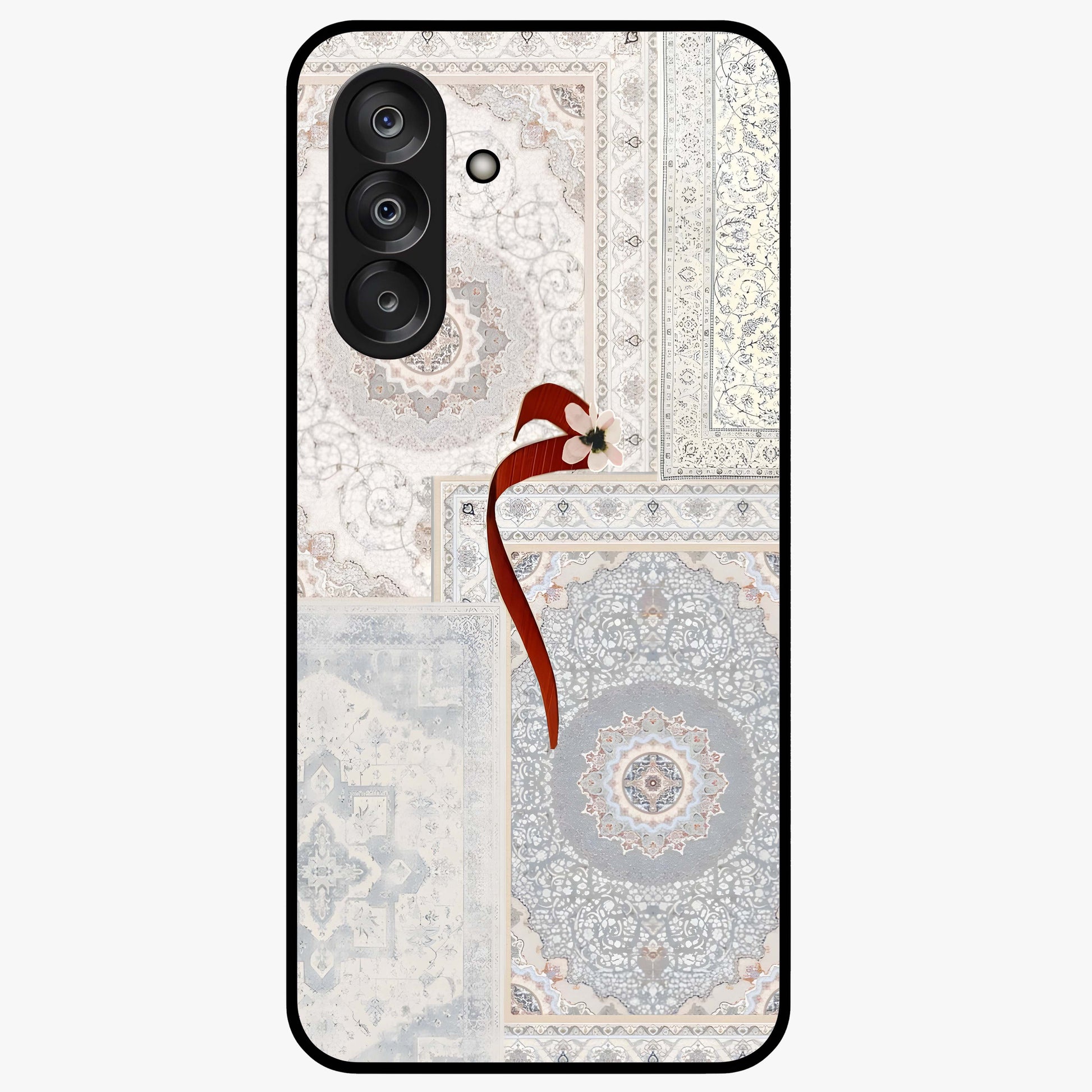 White Aesthetic Bow Glass Case showing flat back view with minimal bow artwork and glossy glass finish.