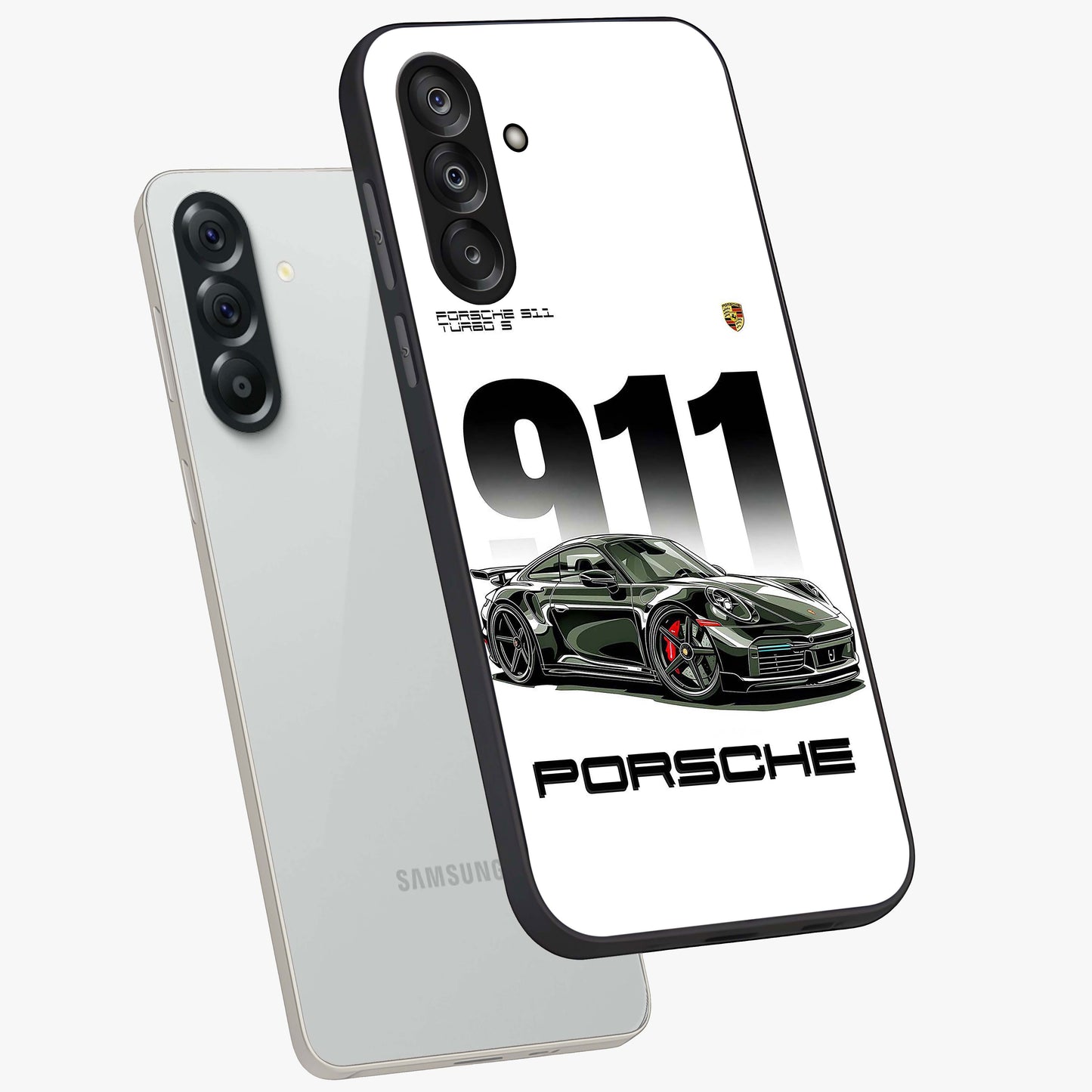 911 Turbo Dominance Glass Case displayed in premium angled mockup highlighting sporty car illustration and sleek glass surface.