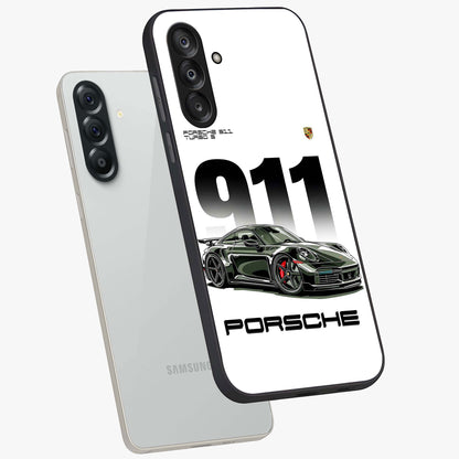 911 Turbo Dominance Glass Case displayed in premium angled mockup highlighting sporty car illustration and sleek glass surface.