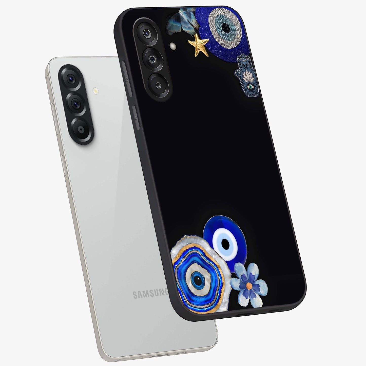 Aesthetic Blue Evil Eye Glass Case displayed in angled mockup highlighting blue evil eye symbol and spiritual aesthetic design.