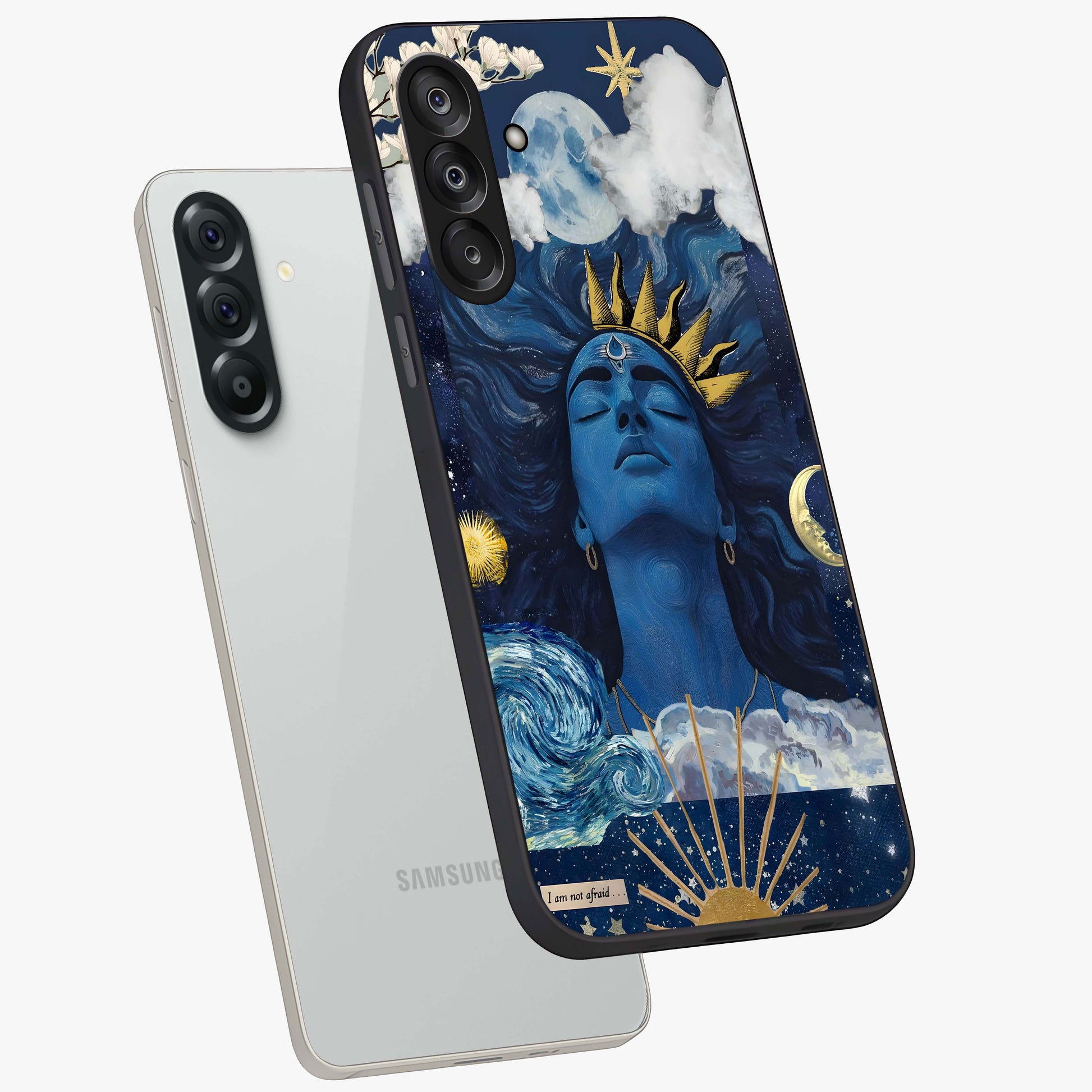 Aesthetic Lord Shiva Glass Case displayed in angled mockup highlighting spiritual Shiva illustration and sacred aesthetic design.