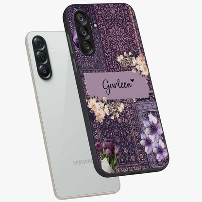 Antique Floral Whisper Custom Name Glass Case displayed in angled mockup highlighting elegant antique floral aesthetic.
